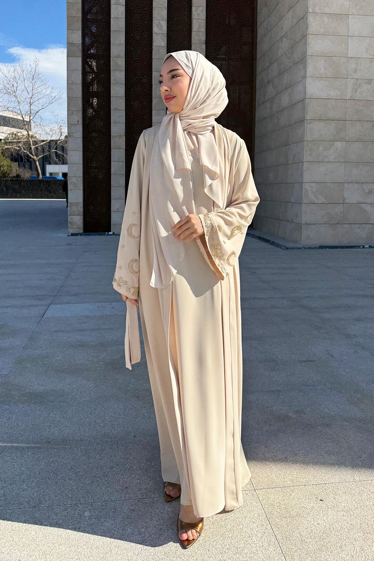 Premium İşlemeli Volan Kol Abaya Takım — Taş