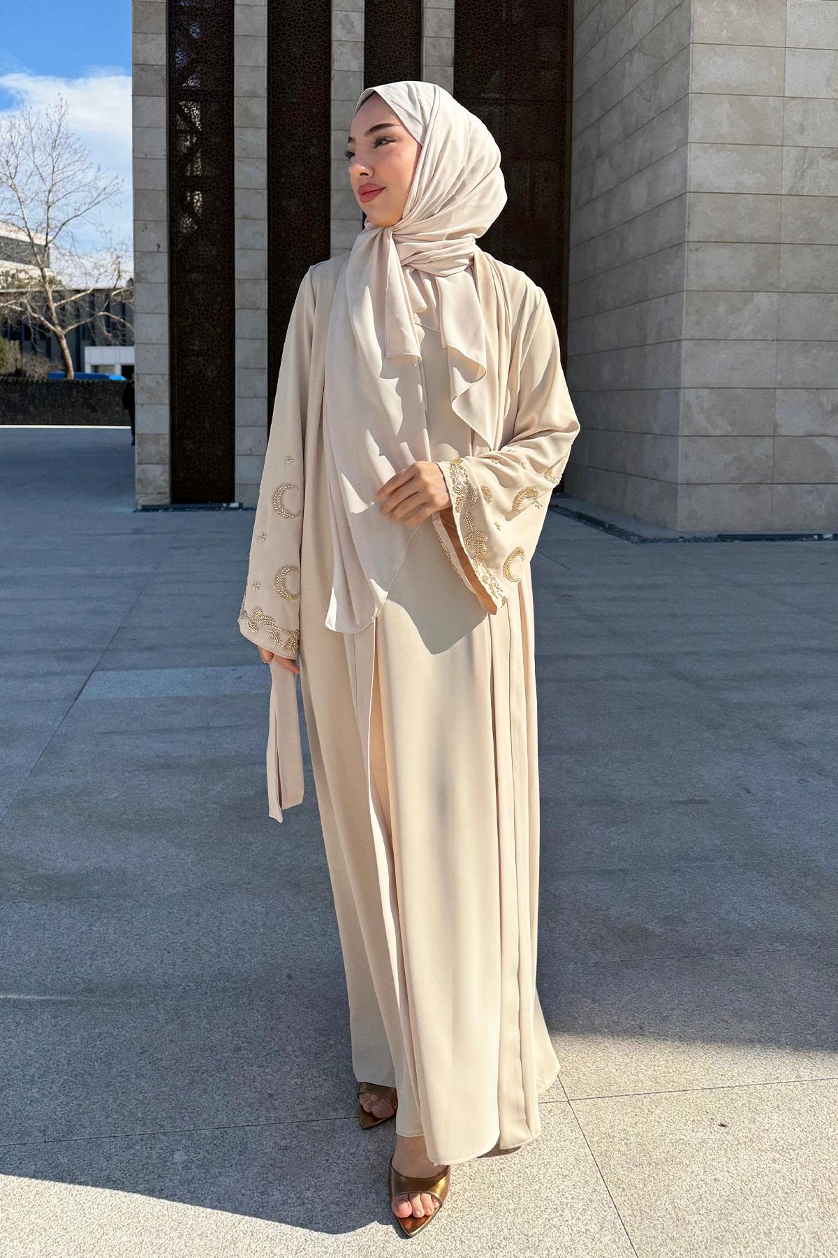 Premium İşlemeli Volan Kol Abaya Takım — Taş