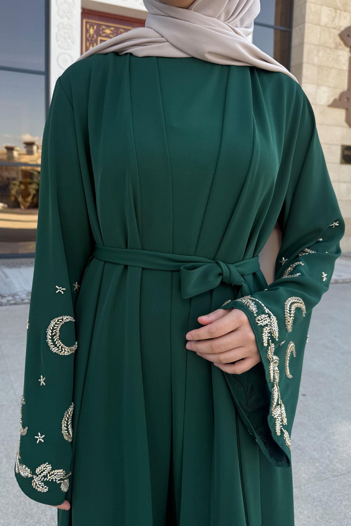 Premium İşlemeli Volan Kol Abaya Takım — Zümrüt