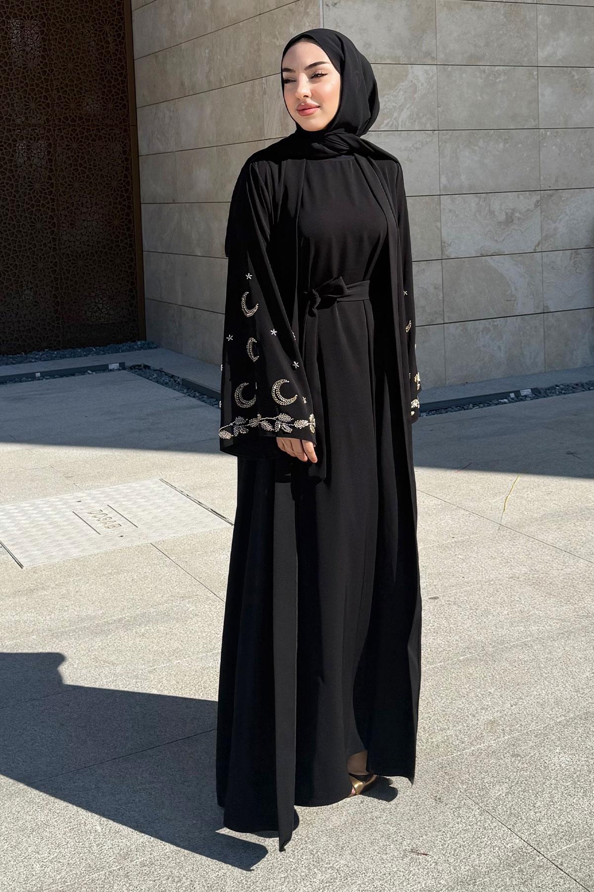 Premium İşlemeli Volan Kol Abaya Takım — Siyah