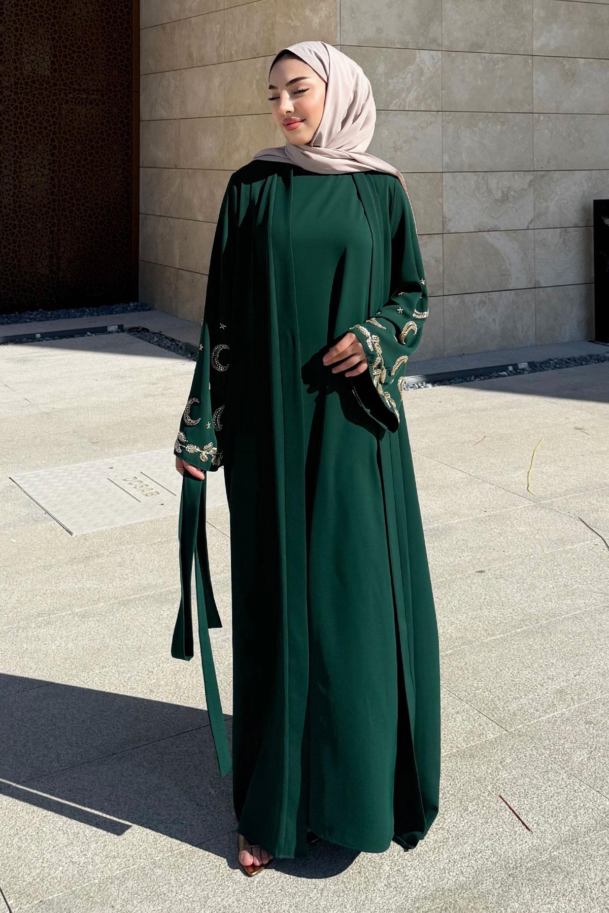 Premium İşlemeli Volan Kol Abaya Takım — Zümrüt
