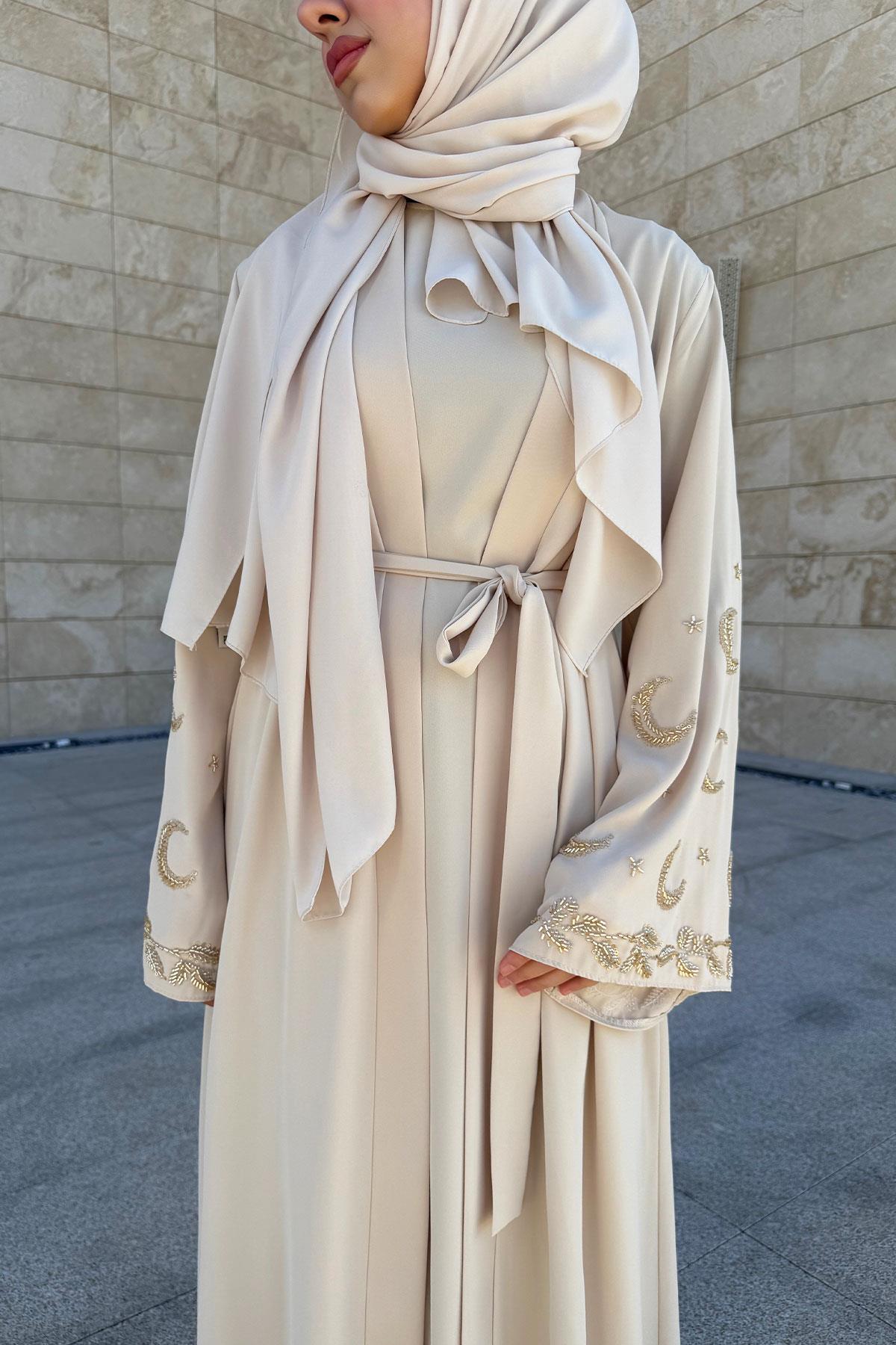 Premium İşlemeli Volan Kol Abaya Takım — Taş