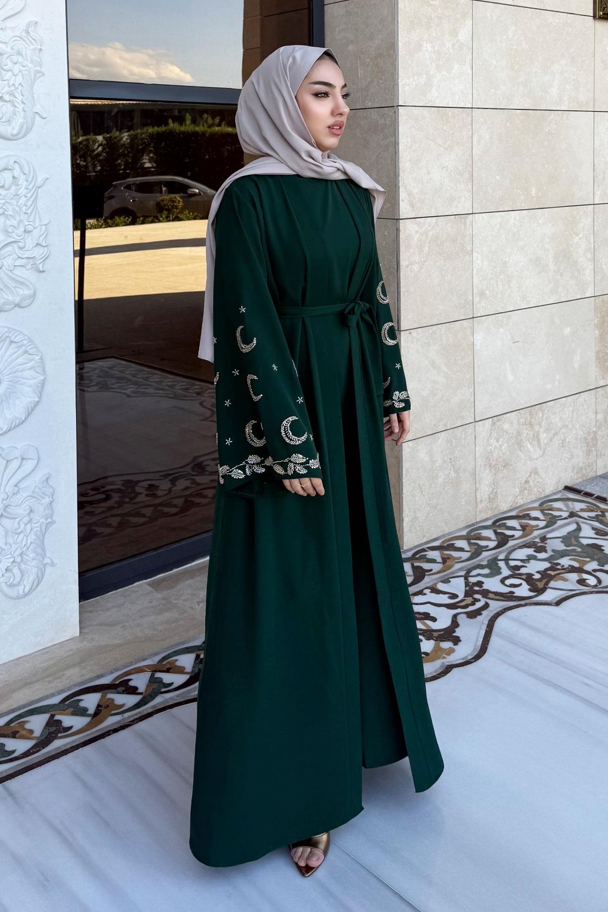 Premium İşlemeli Volan Kol Abaya Takım — Zümrüt