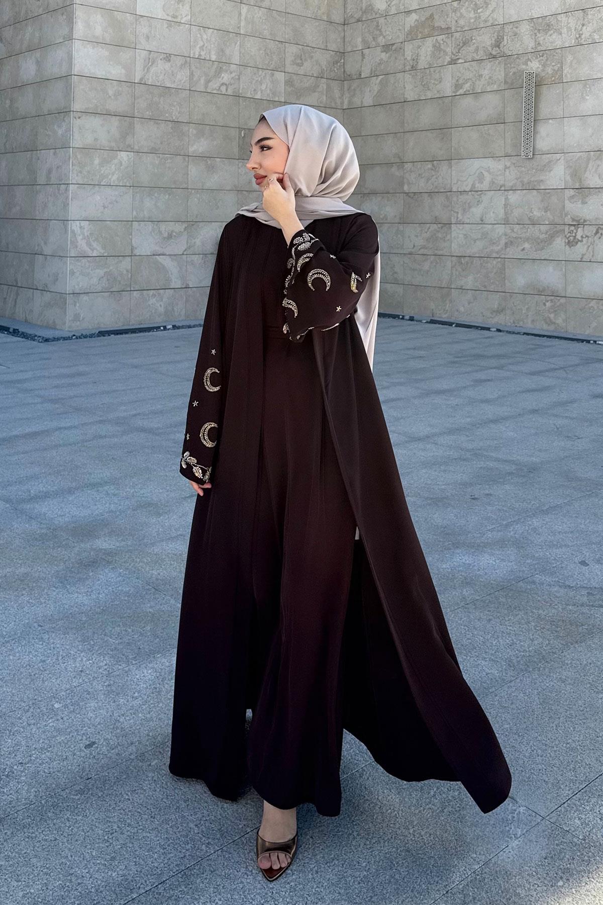 Premium İşlemeli Volan Kol Abaya Takım — Kahverengi