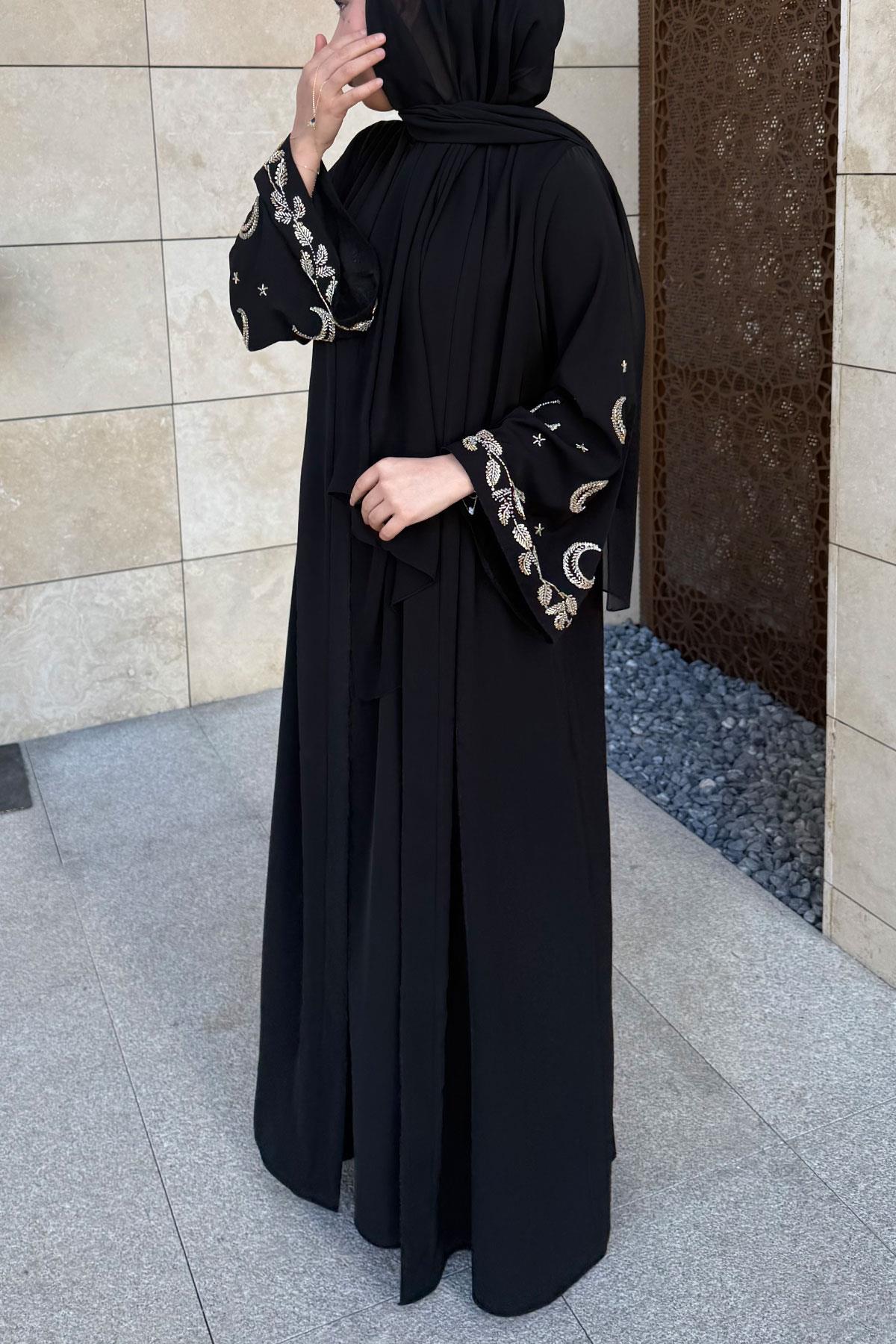 Premium İşlemeli Volan Kol Abaya Takım — Siyah