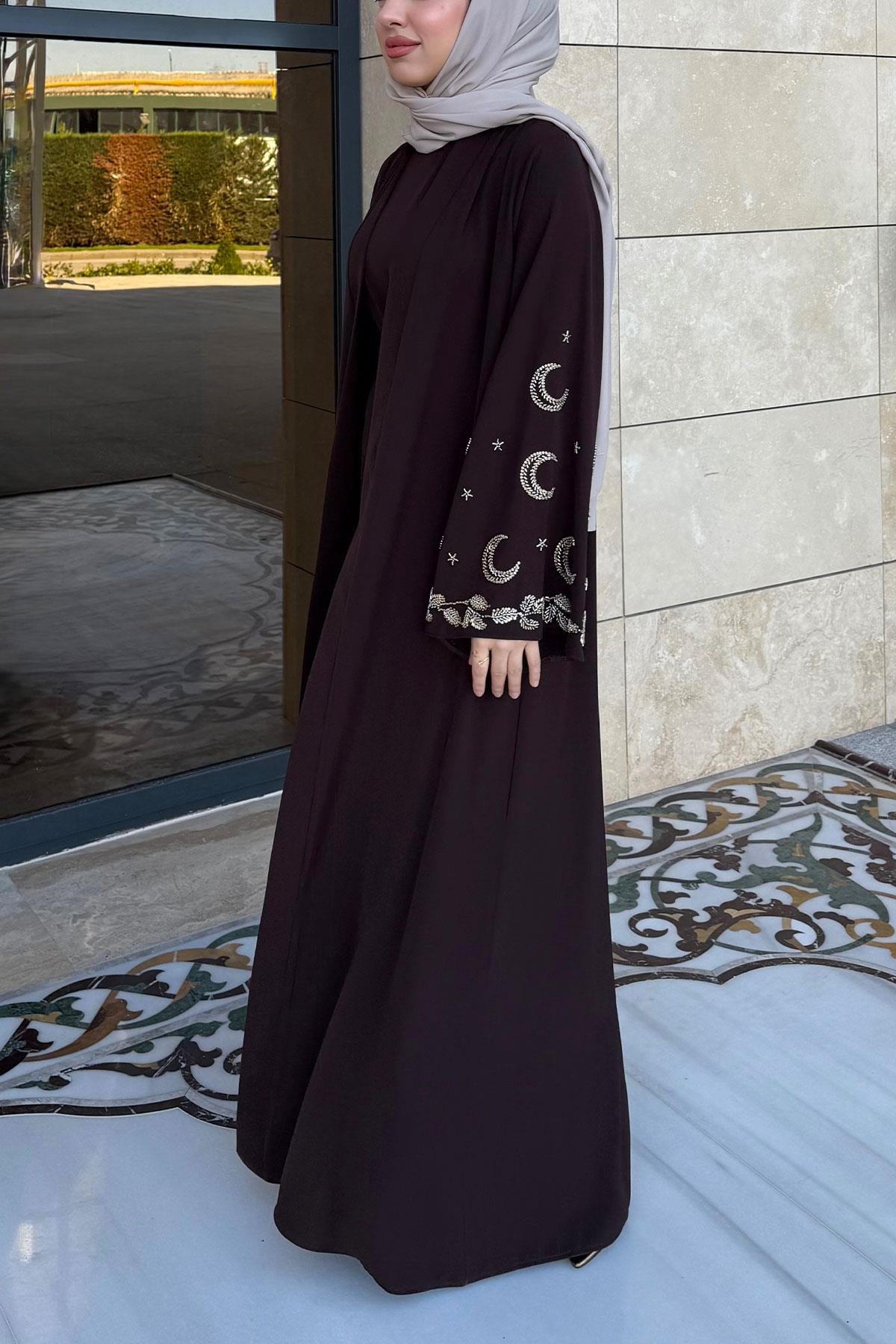 Premium İşlemeli Volan Kol Abaya Takım — Kahverengi