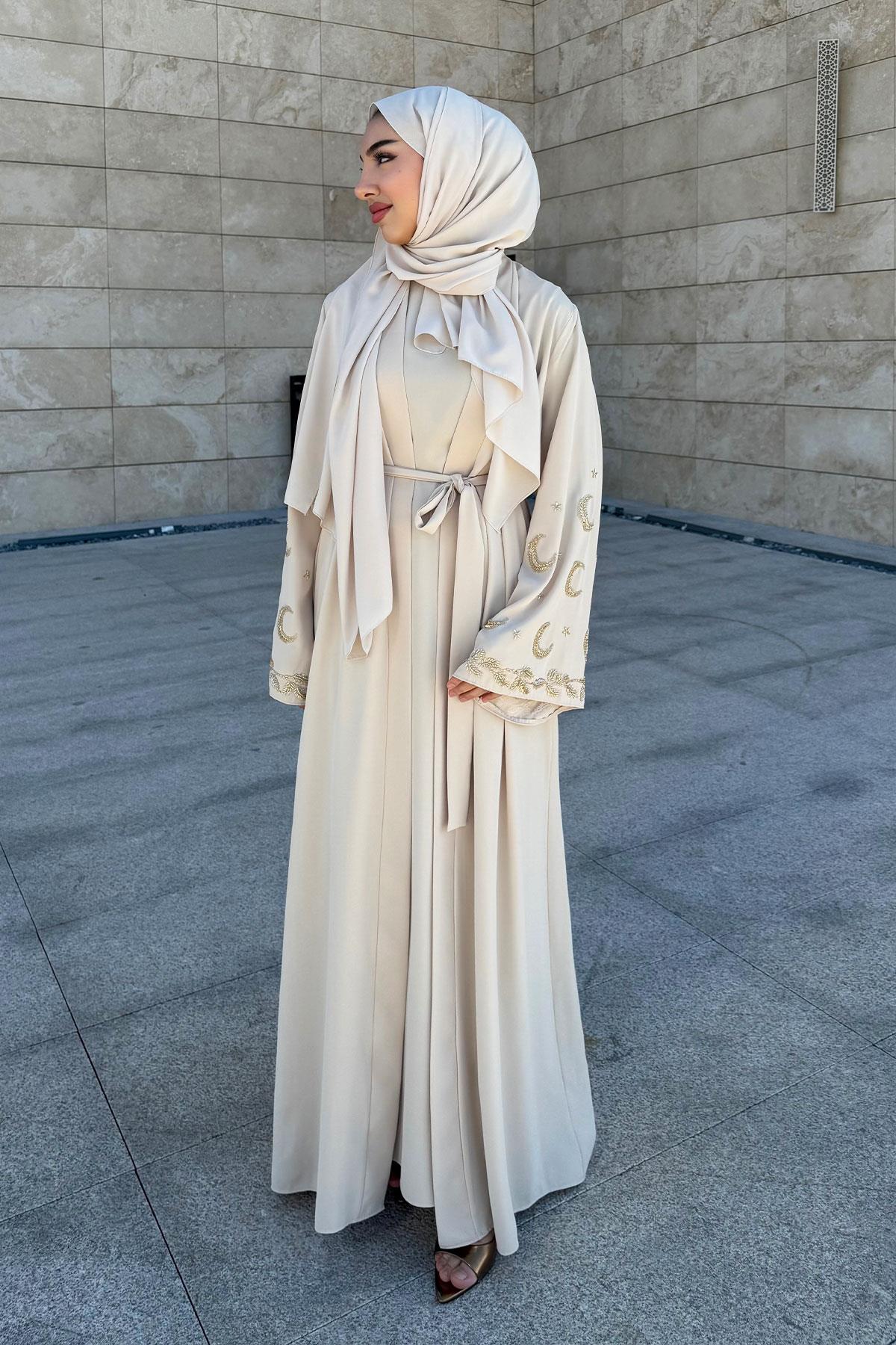 Premium İşlemeli Volan Kol Abaya Takım — Taş