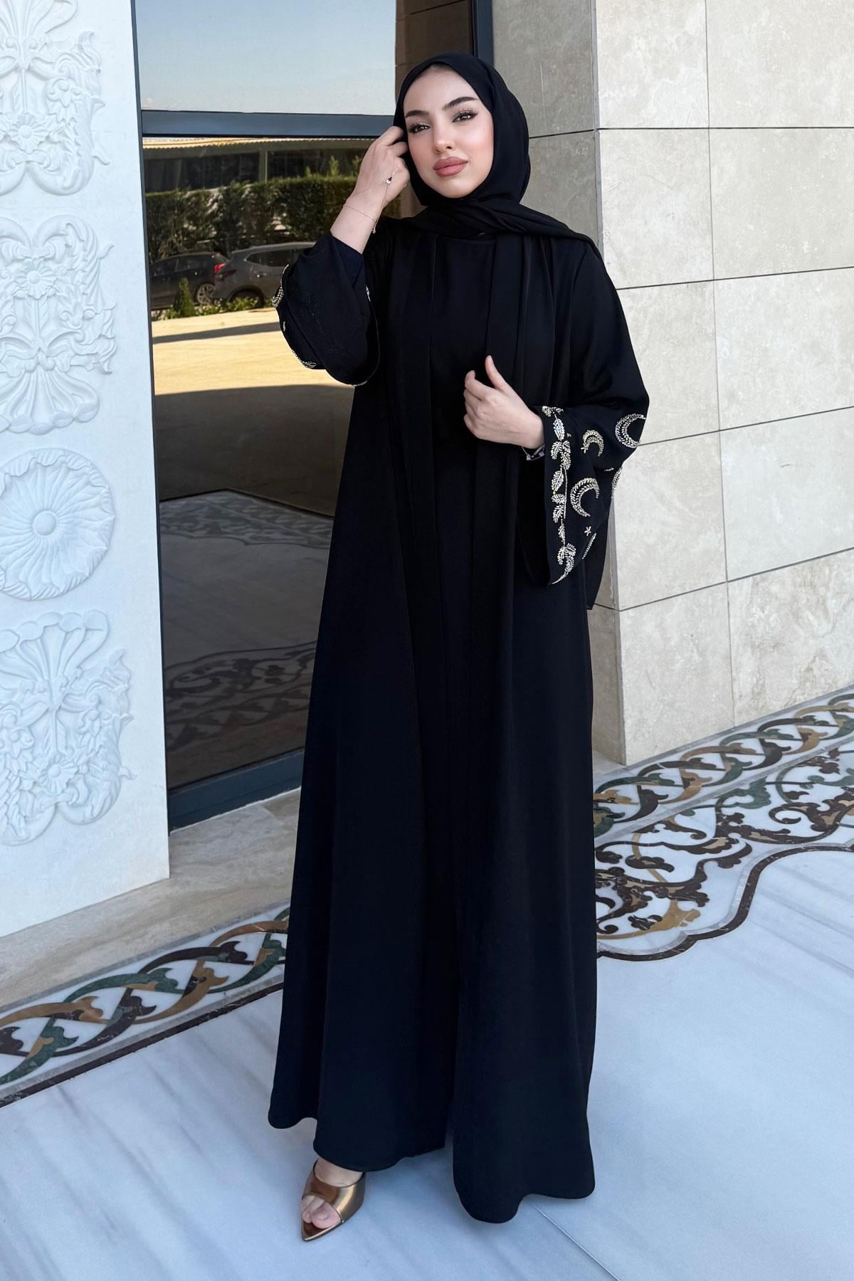 Premium İşlemeli Volan Kol Abaya Takım — Siyah