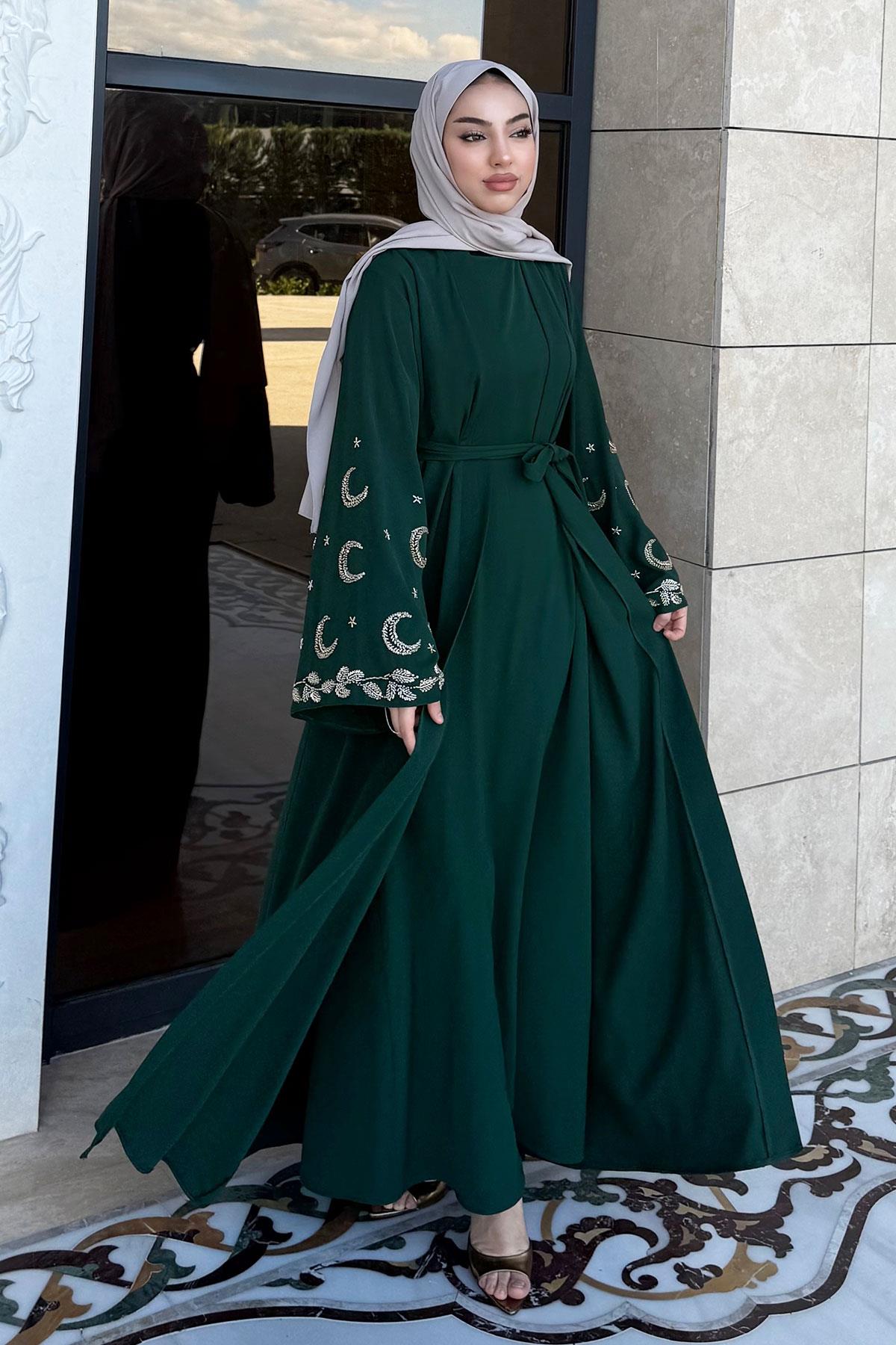 Premium İşlemeli Volan Kol Abaya Takım — Zümrüt