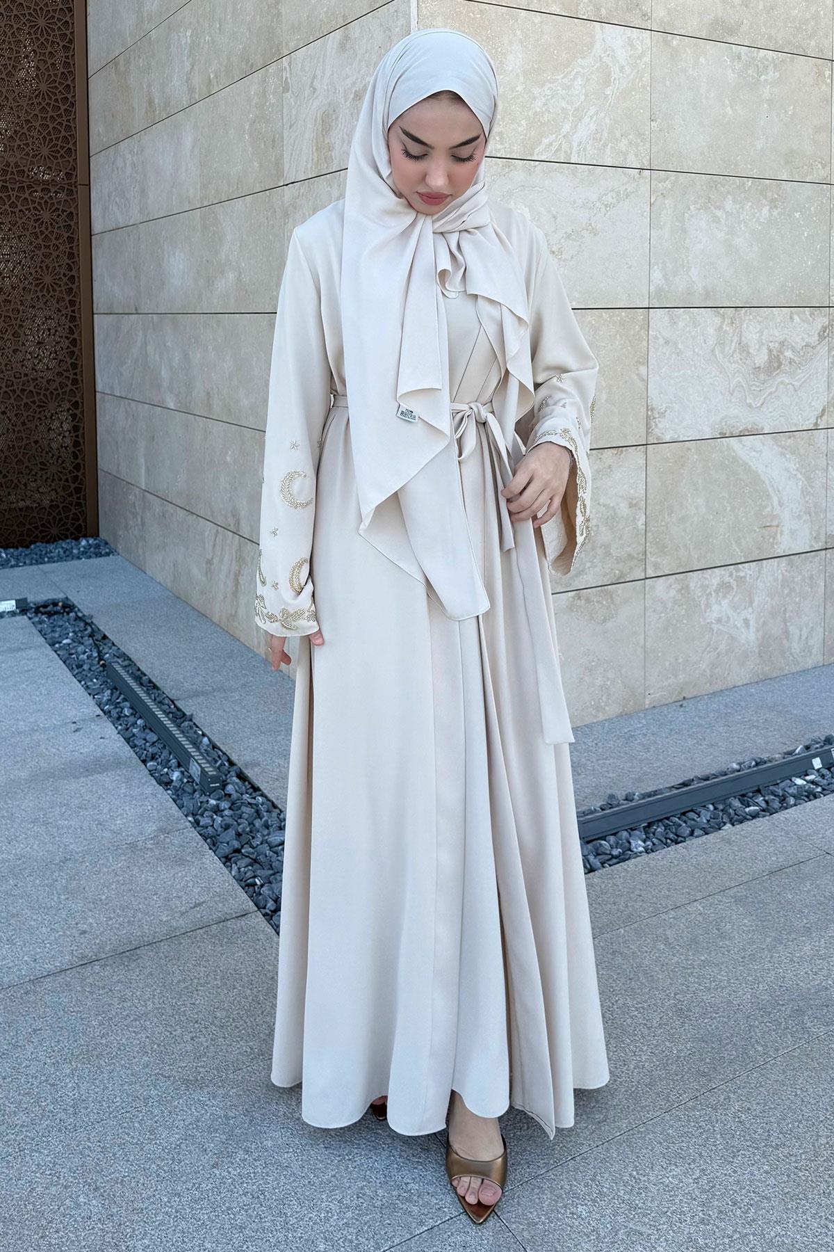 Premium İşlemeli Volan Kol Abaya Takım — Taş