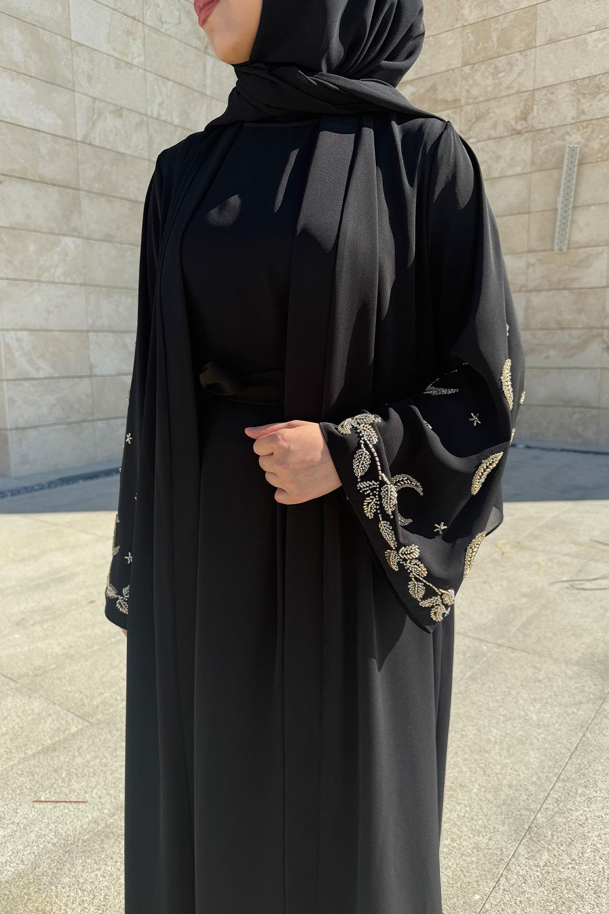 Premium İşlemeli Volan Kol Abaya Takım — Siyah
