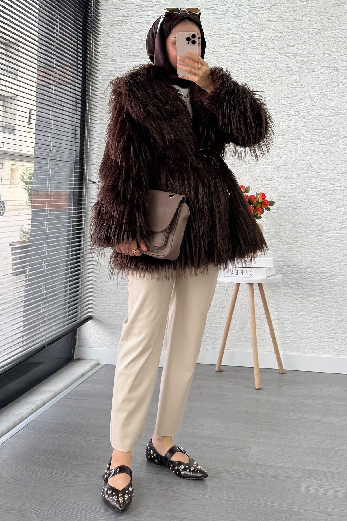 Premium Kadın Kürk Kaban – Kahverengi