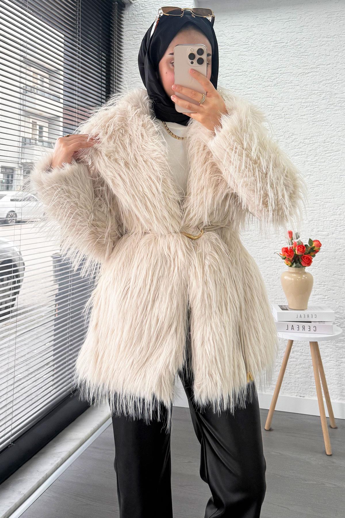 Premium Kadın Kürk Kaban – Krem