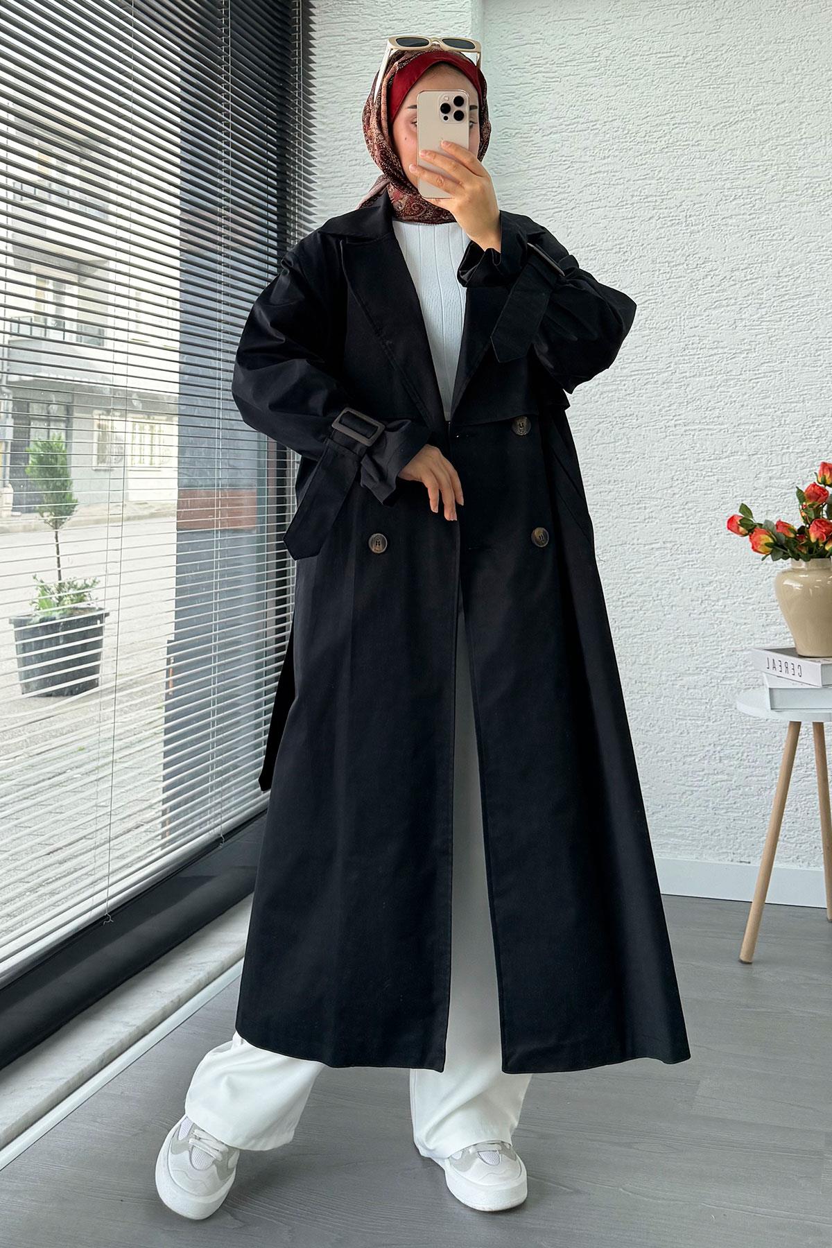 Premium Kapaklı Oversize Kadın Trençkot – Siyah