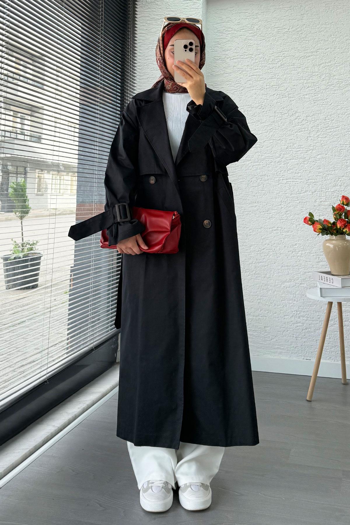 Premium Kapaklı Oversize Kadın Trençkot – Siyah