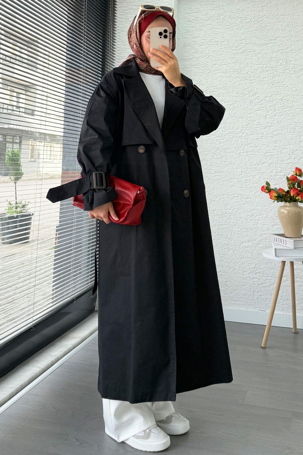 Premium Kapaklı Oversize Kadın Trençkot – Siyah