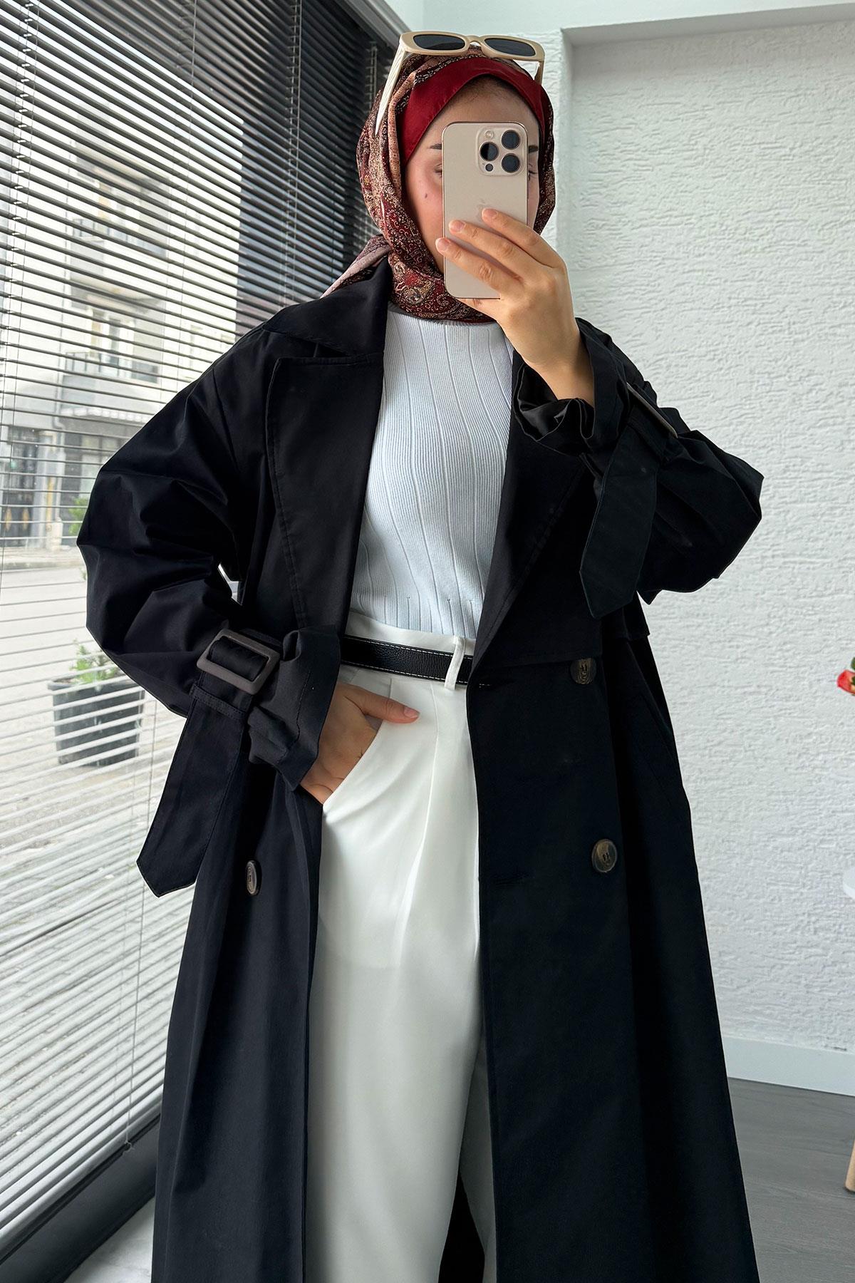 Premium Kapaklı Oversize Kadın Trençkot – Siyah