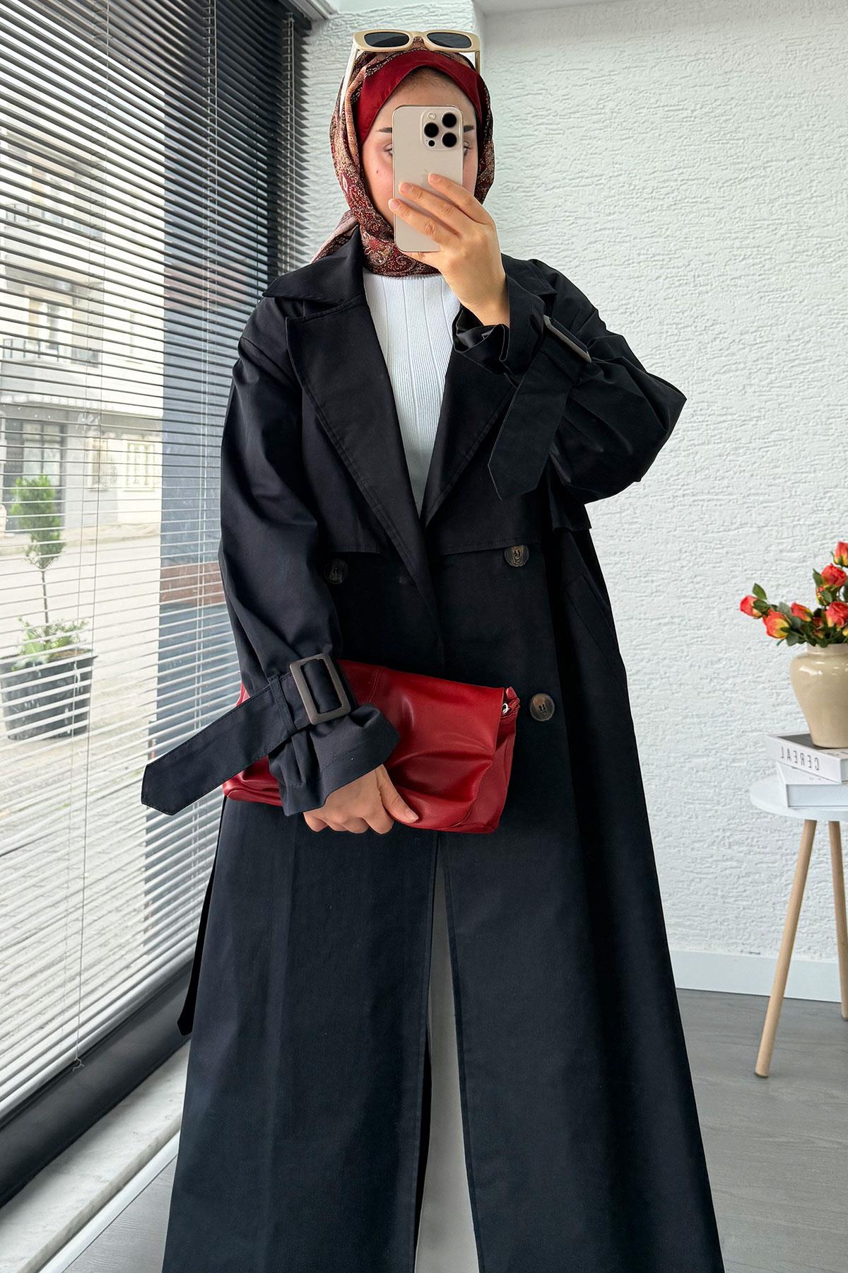 Premium Kapaklı Oversize Kadın Trençkot – Siyah
