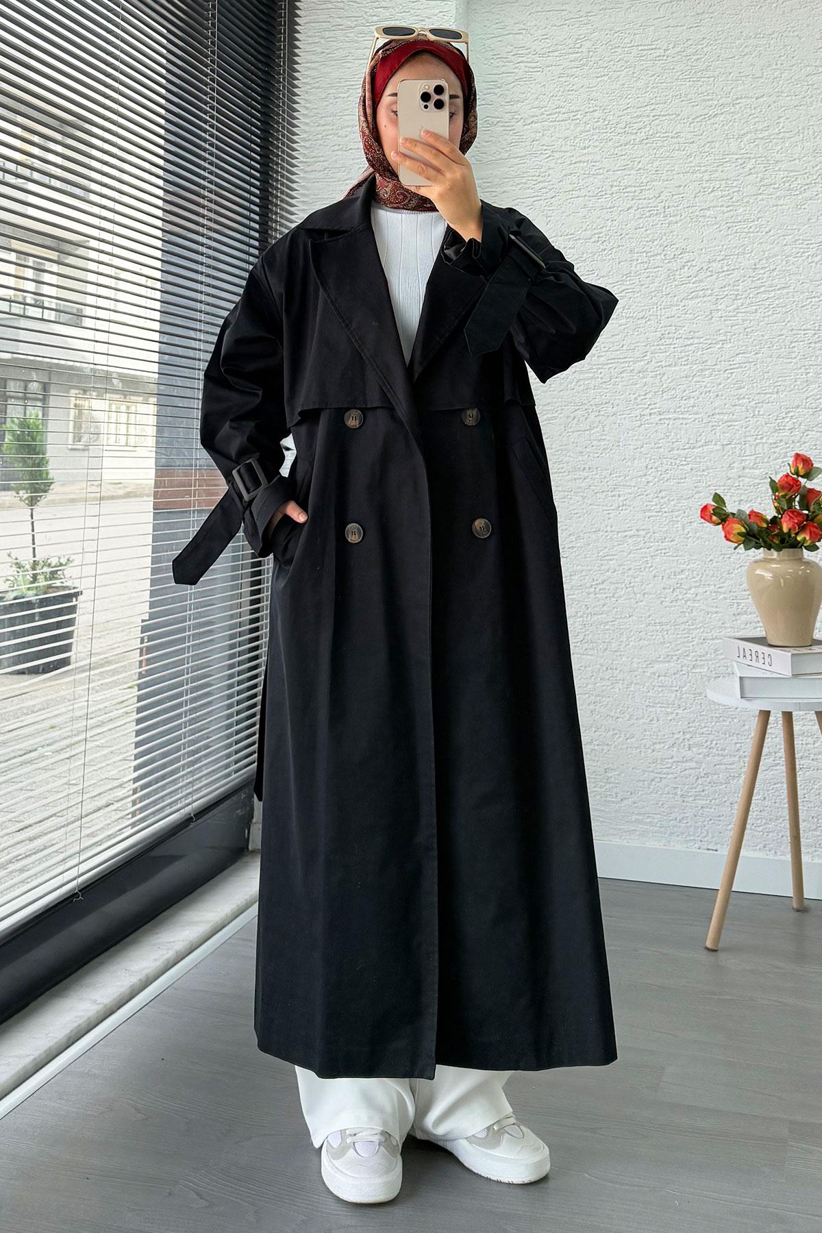 Premium Kapaklı Oversize Kadın Trençkot – Siyah