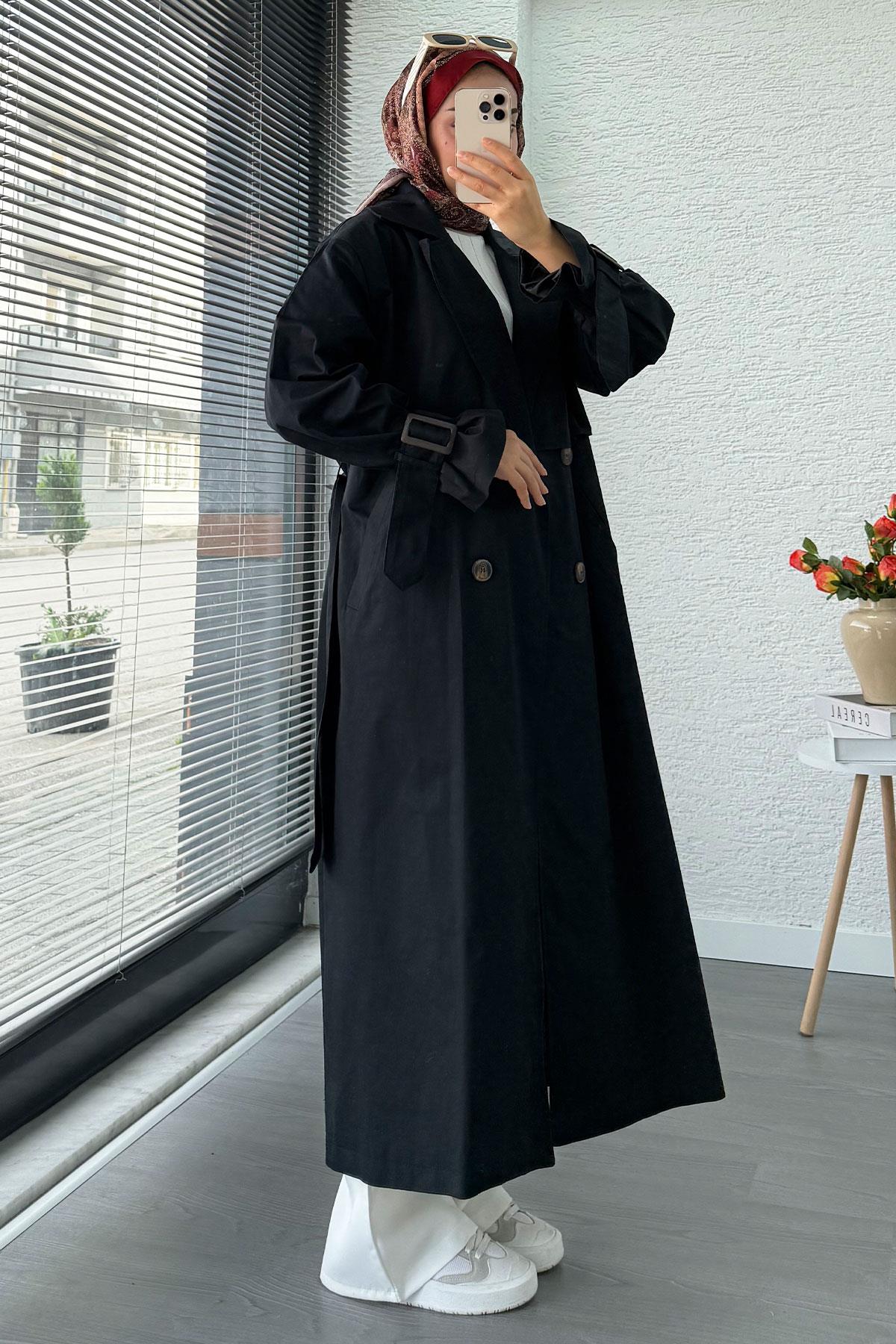 Premium Kapaklı Oversize Kadın Trençkot – Siyah