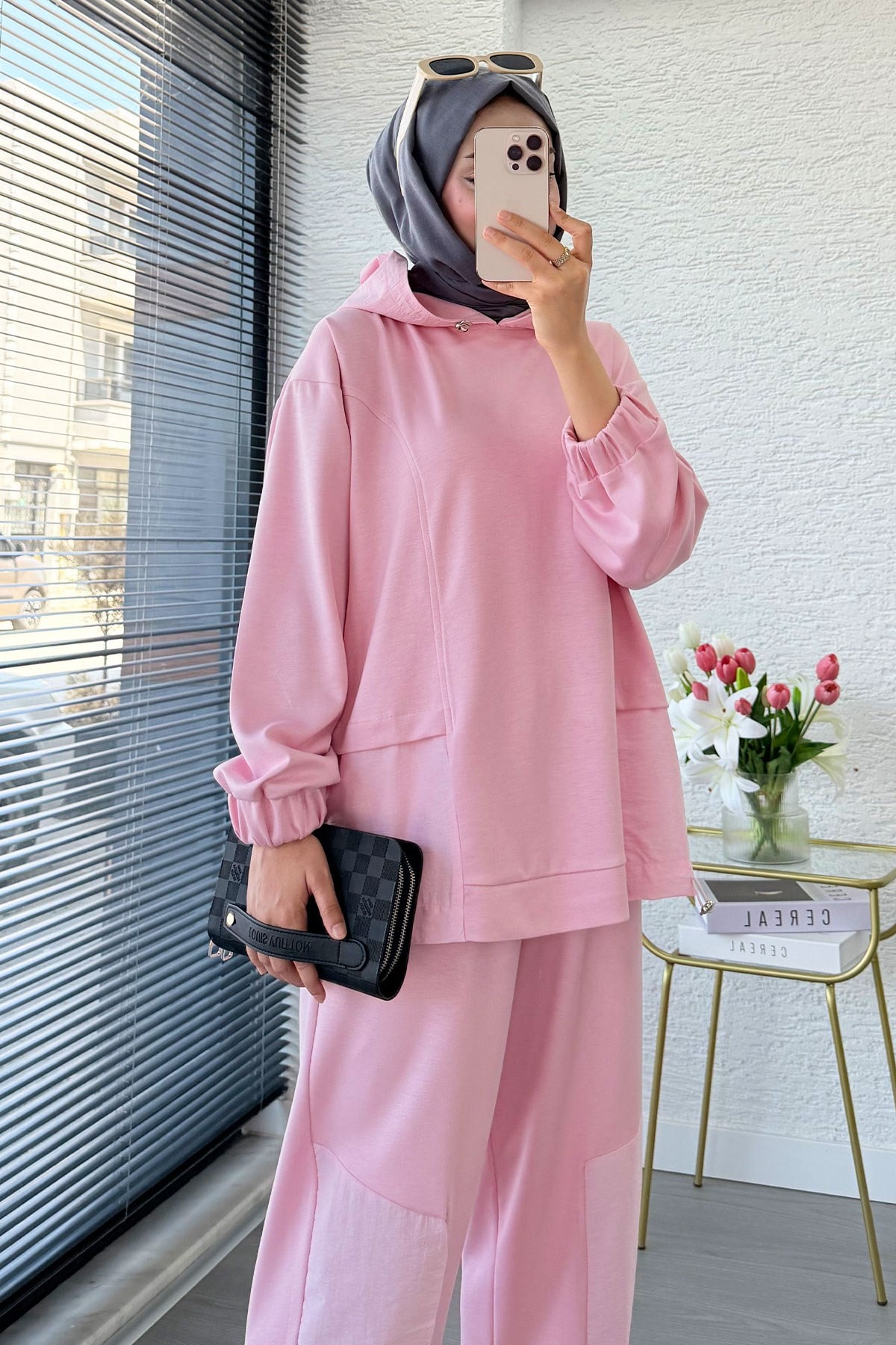Premium Kapüşonlu Paça Pile Detay Double Face Kadın Takım - Pembe