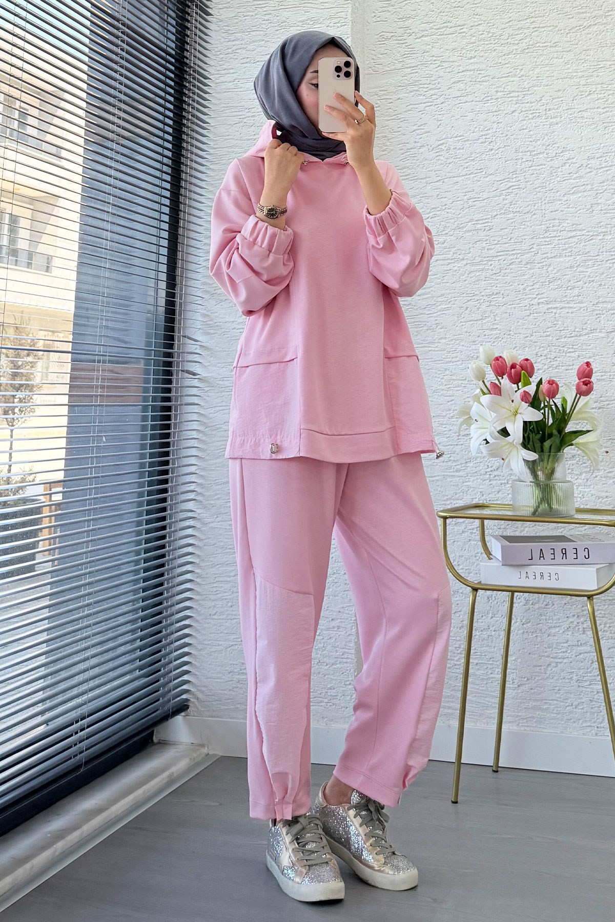 Premium Kapüşonlu Paça Pile Detay Double Face Kadın Takım - Pembe