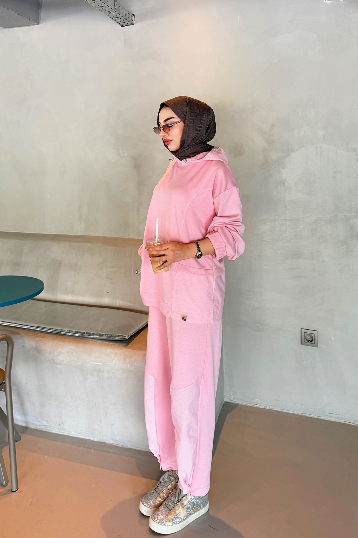 Premium Kapüşonlu Paça Pile Detay Double Face Kadın Takım - Pembe