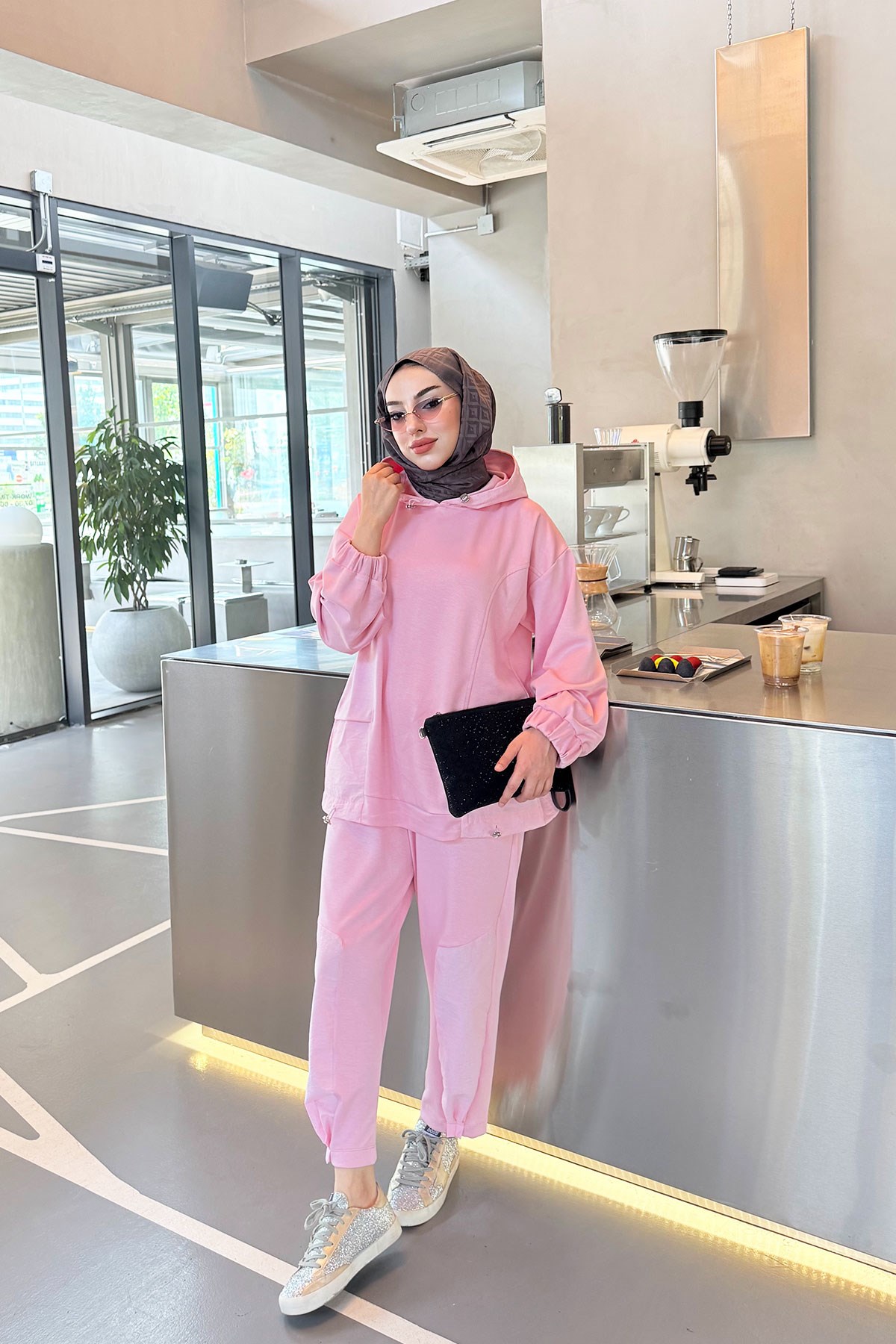 Premium Kapüşonlu Paça Pile Detay Double Face Kadın Takım - Pembe