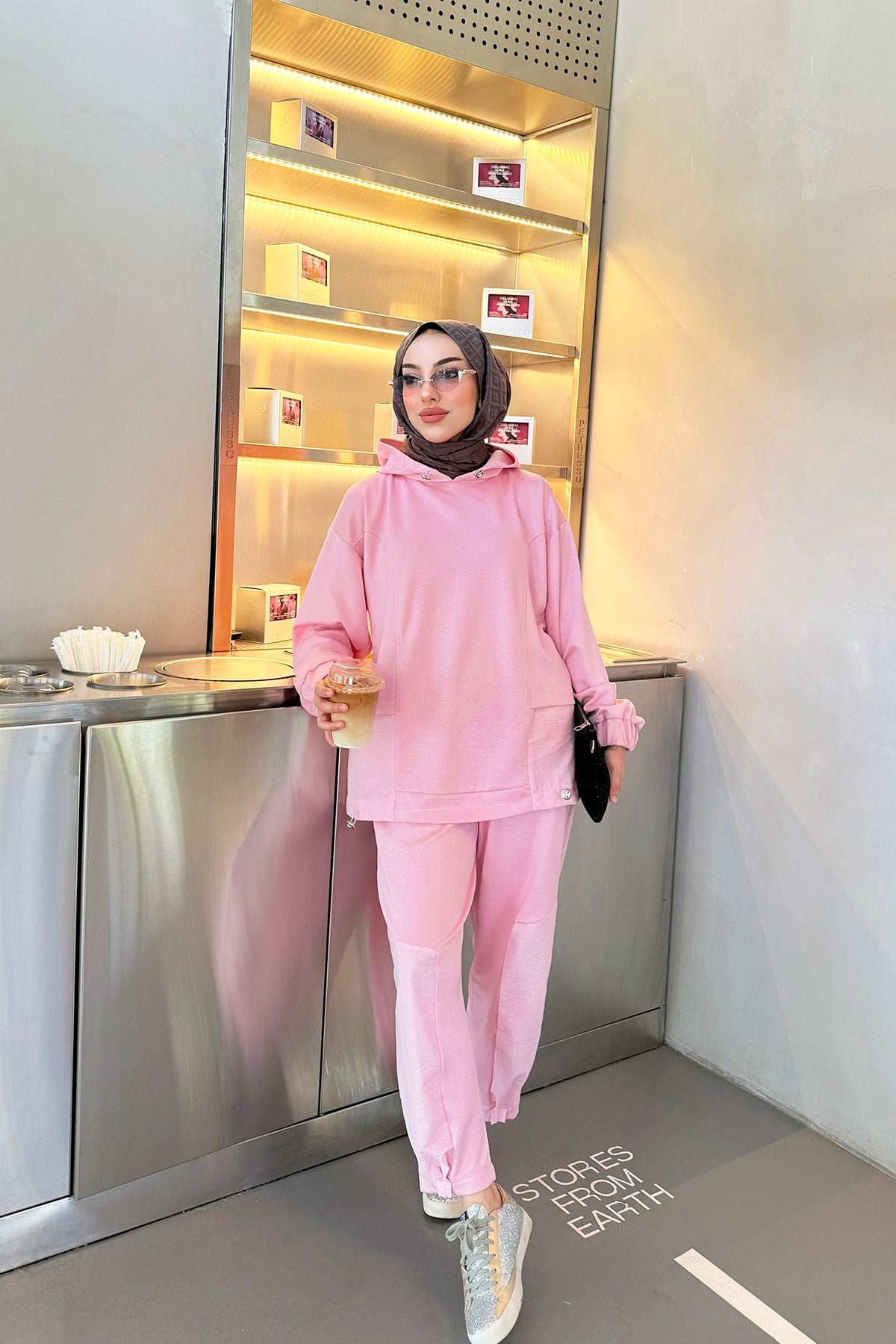 Premium Kapüşonlu Paça Pile Detay Double Face Kadın Takım - Pembe