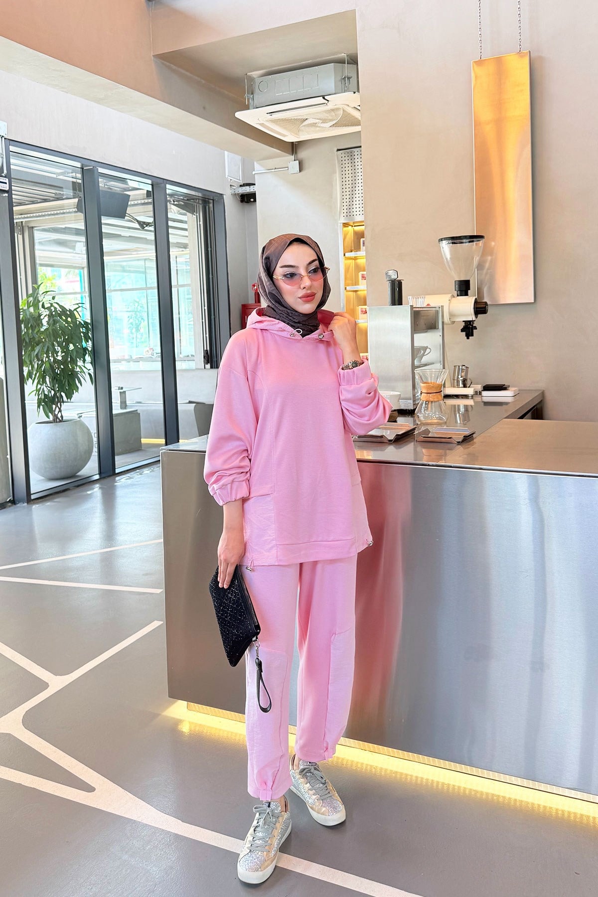 Premium Kapüşonlu Paça Pile Detay Double Face Kadın Takım - Pembe