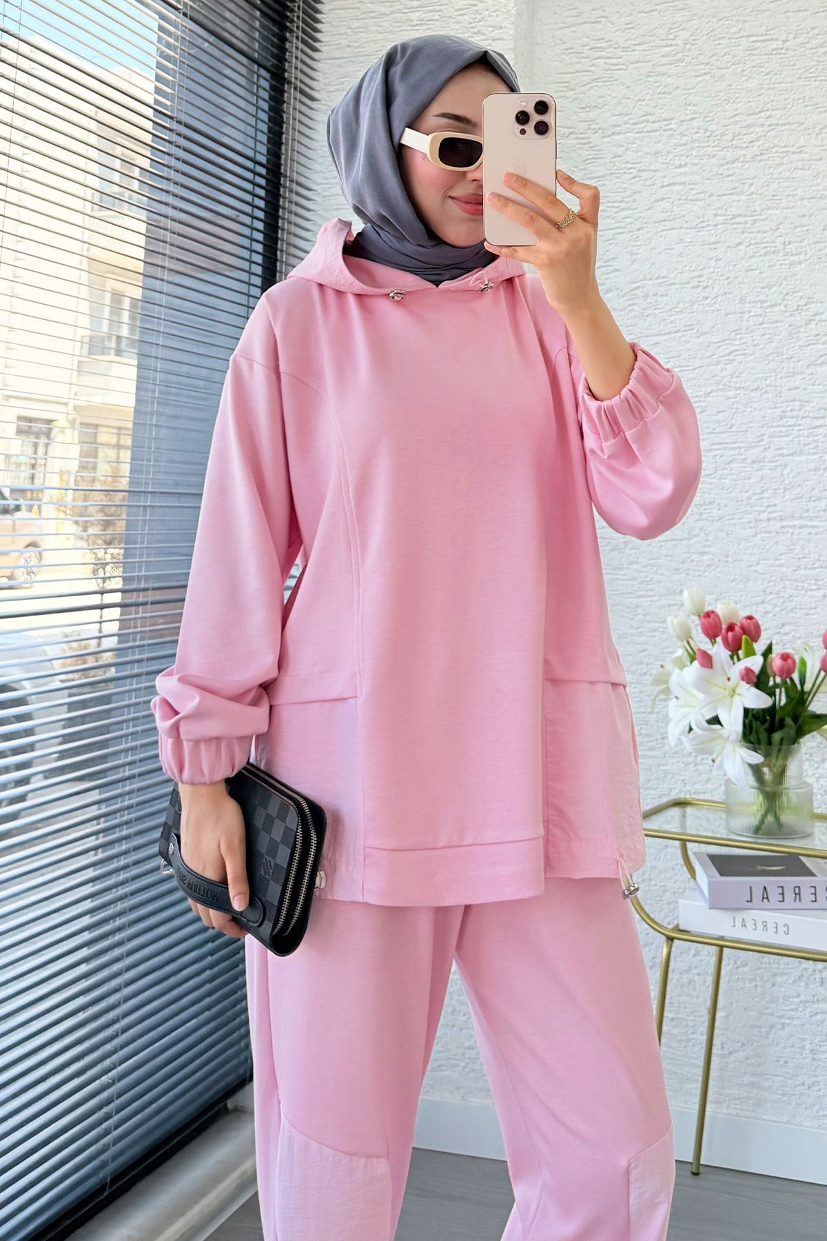 Premium Kapüşonlu Paça Pile Detay Double Face Kadın Takım - Pembe