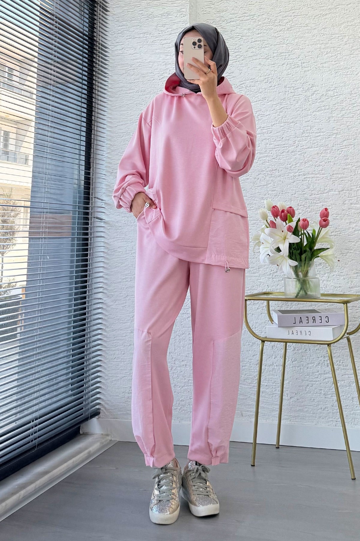 Premium Kapüşonlu Paça Pile Detay Double Face Kadın Takım - Pembe