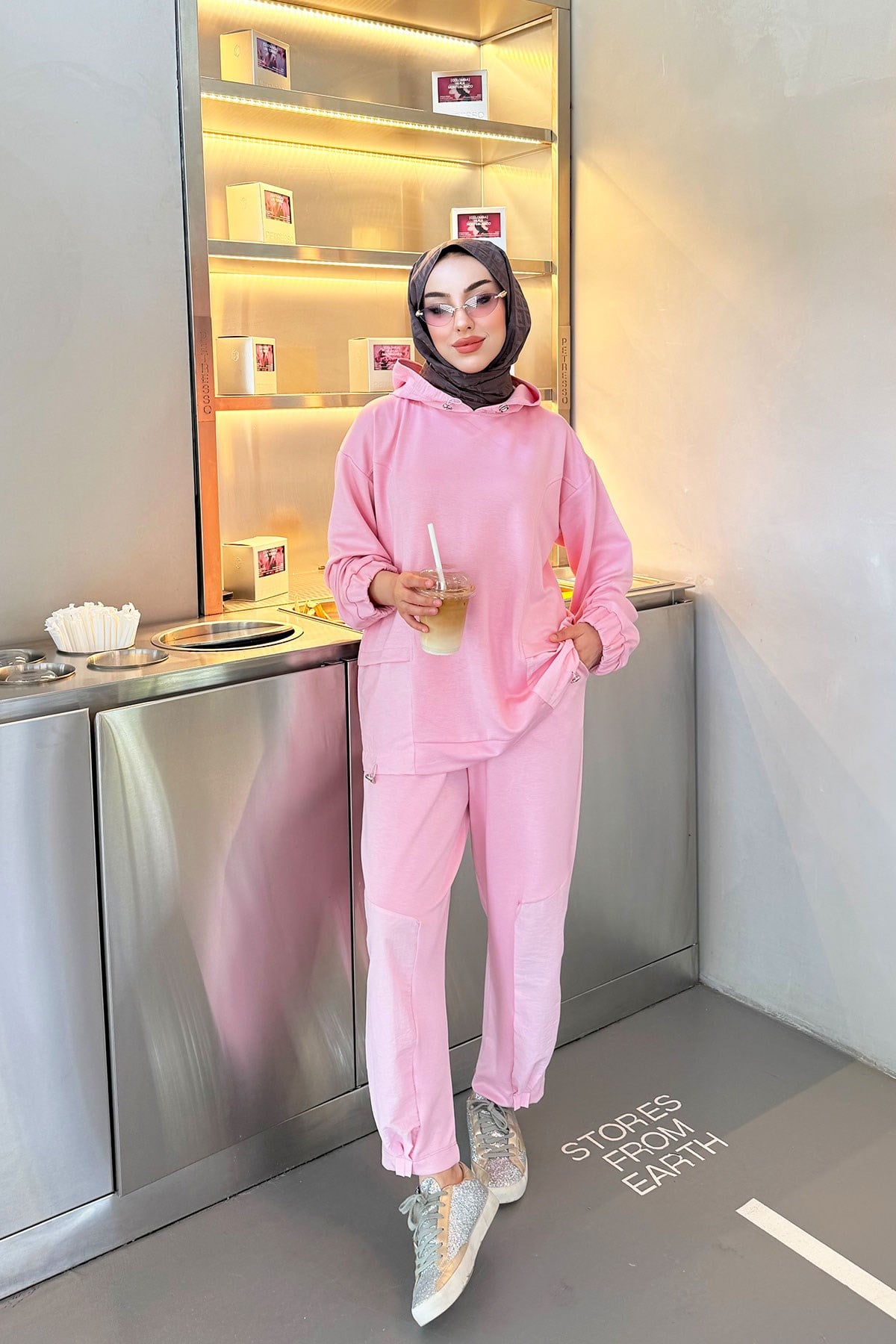 Premium Kapüşonlu Paça Pile Detay Double Face Kadın Takım - Pembe
