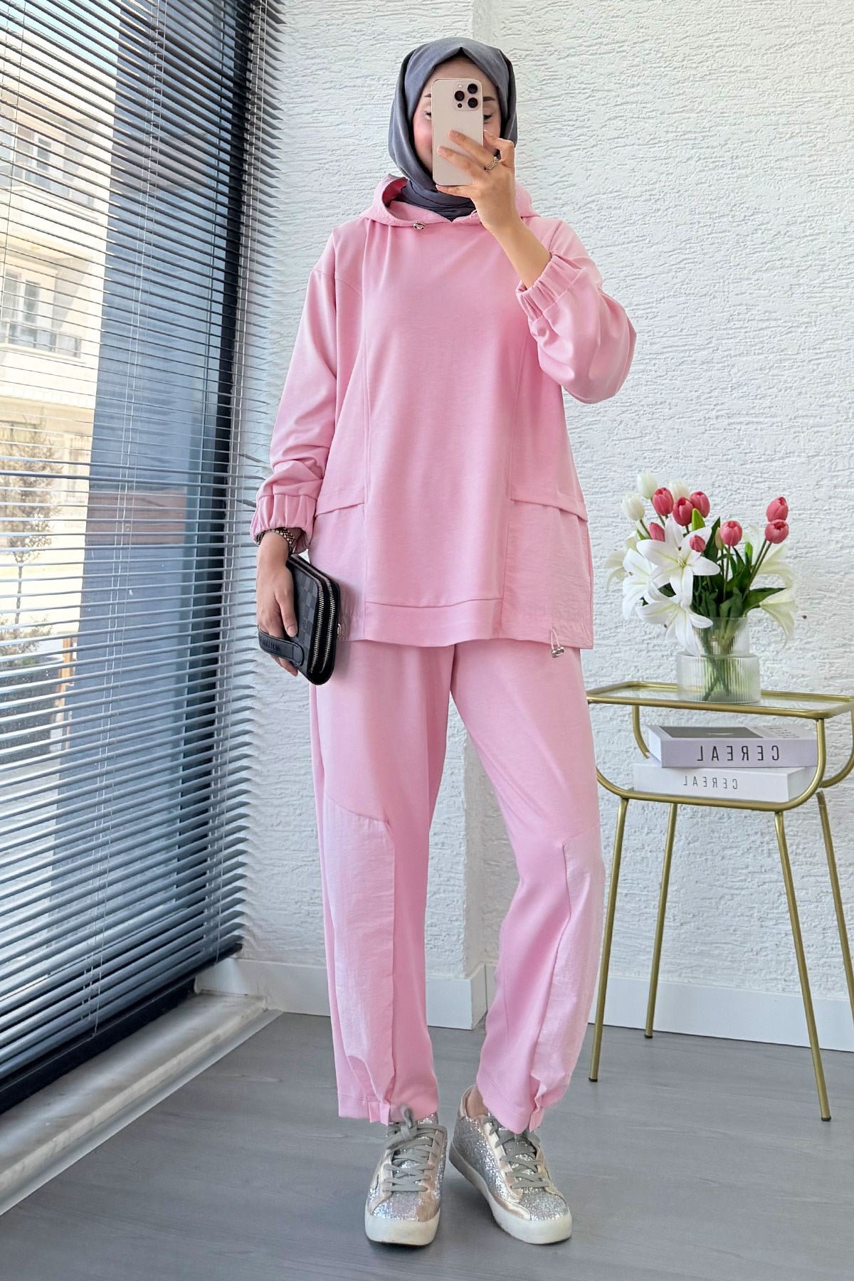 Premium Kapüşonlu Paça Pile Detay Double Face Kadın Takım - Pembe