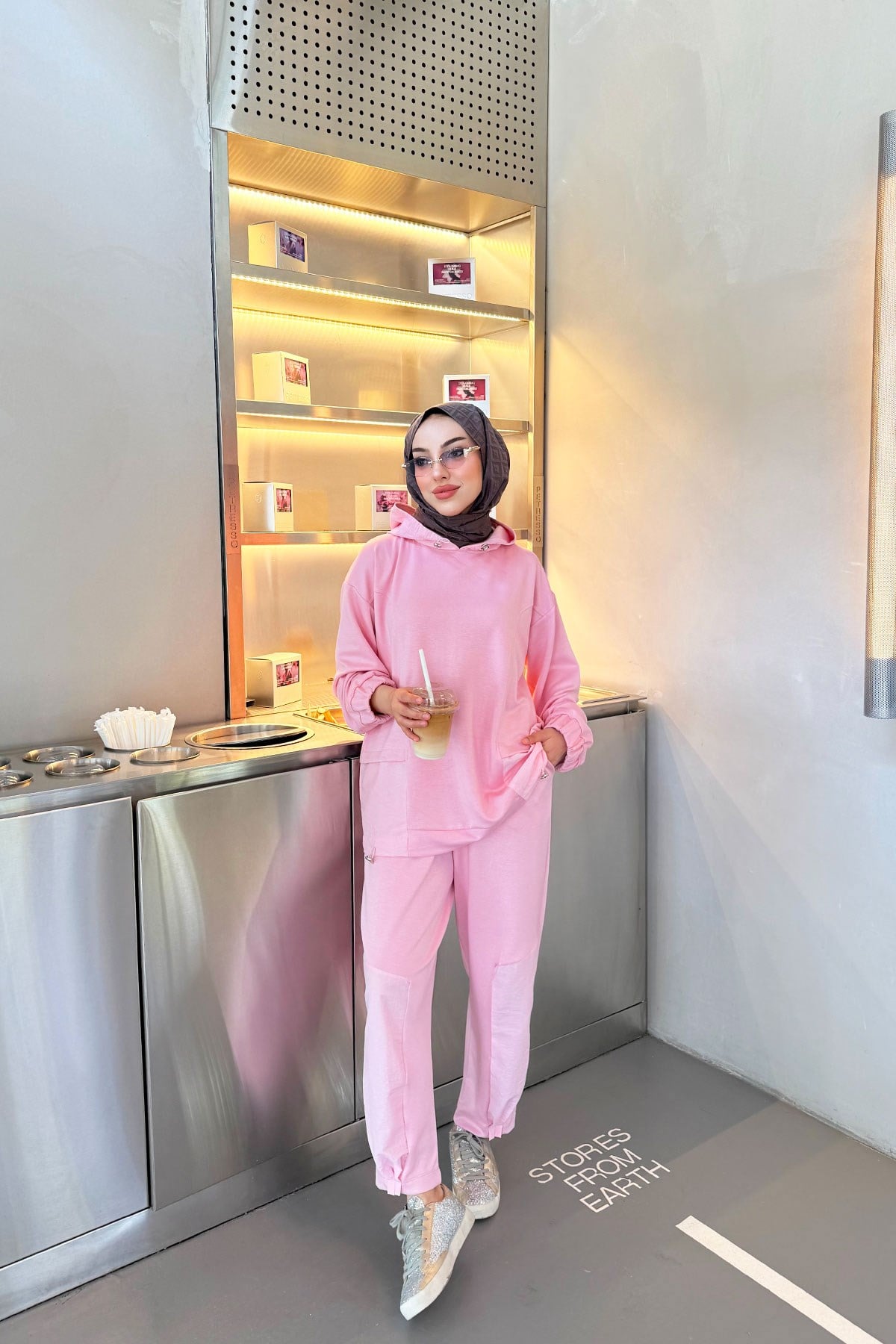 Premium Kapüşonlu Paça Pile Detay Double Face Kadın Takım - Pembe