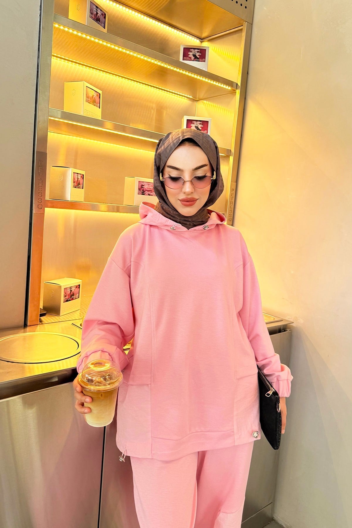 Premium Kapüşonlu Paça Pile Detay Double Face Kadın Takım - Pembe