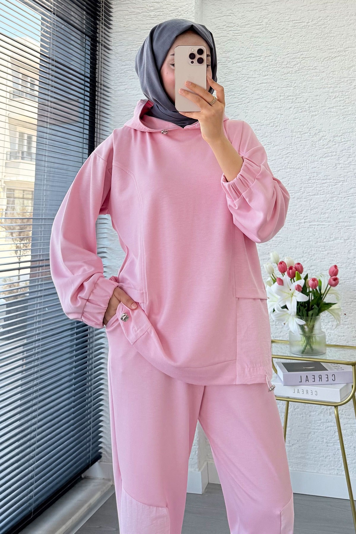 Premium Kapüşonlu Paça Pile Detay Double Face Kadın Takım - Pembe