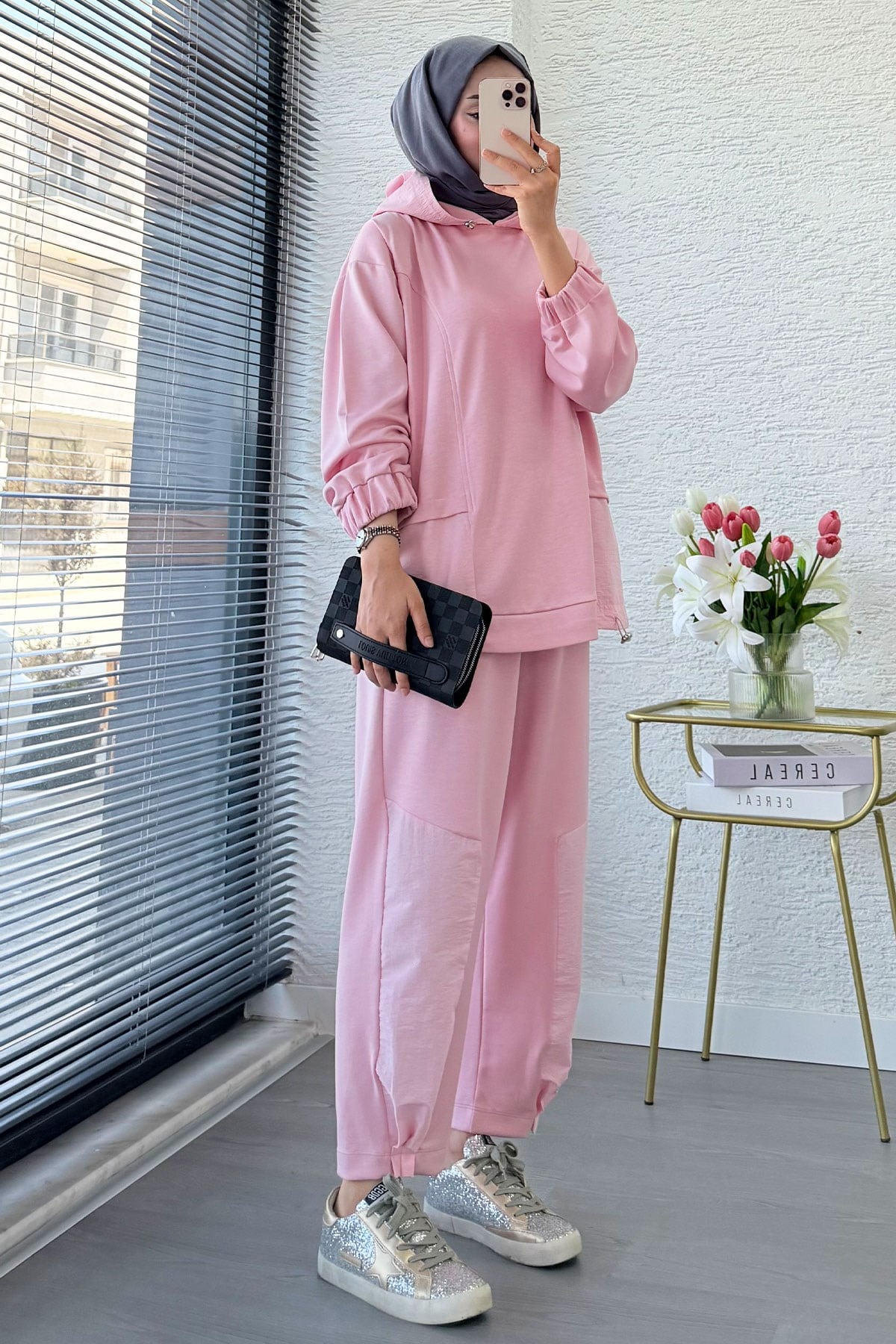 Premium Kapüşonlu Paça Pile Detay Double Face Kadın Takım - Pembe