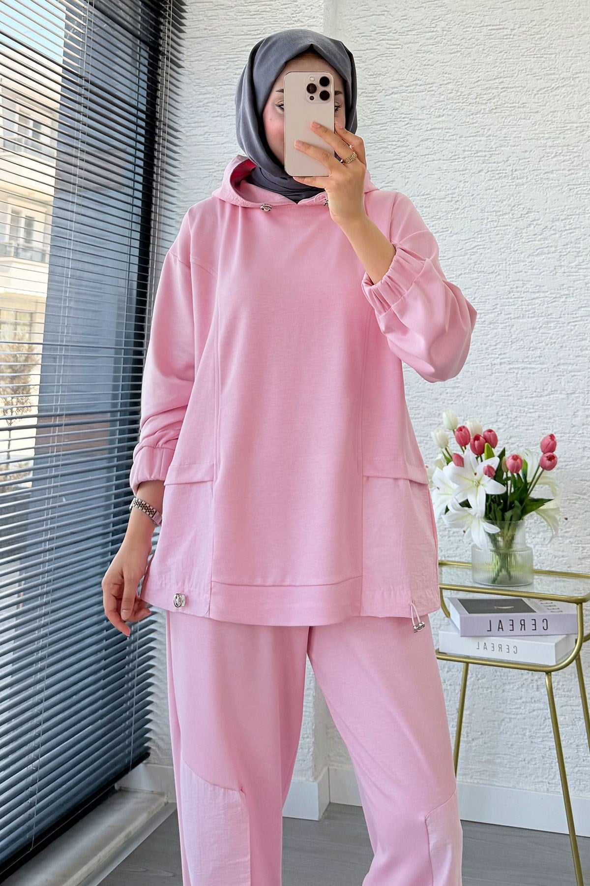 Premium Kapüşonlu Paça Pile Detay Double Face Kadın Takım - Pembe