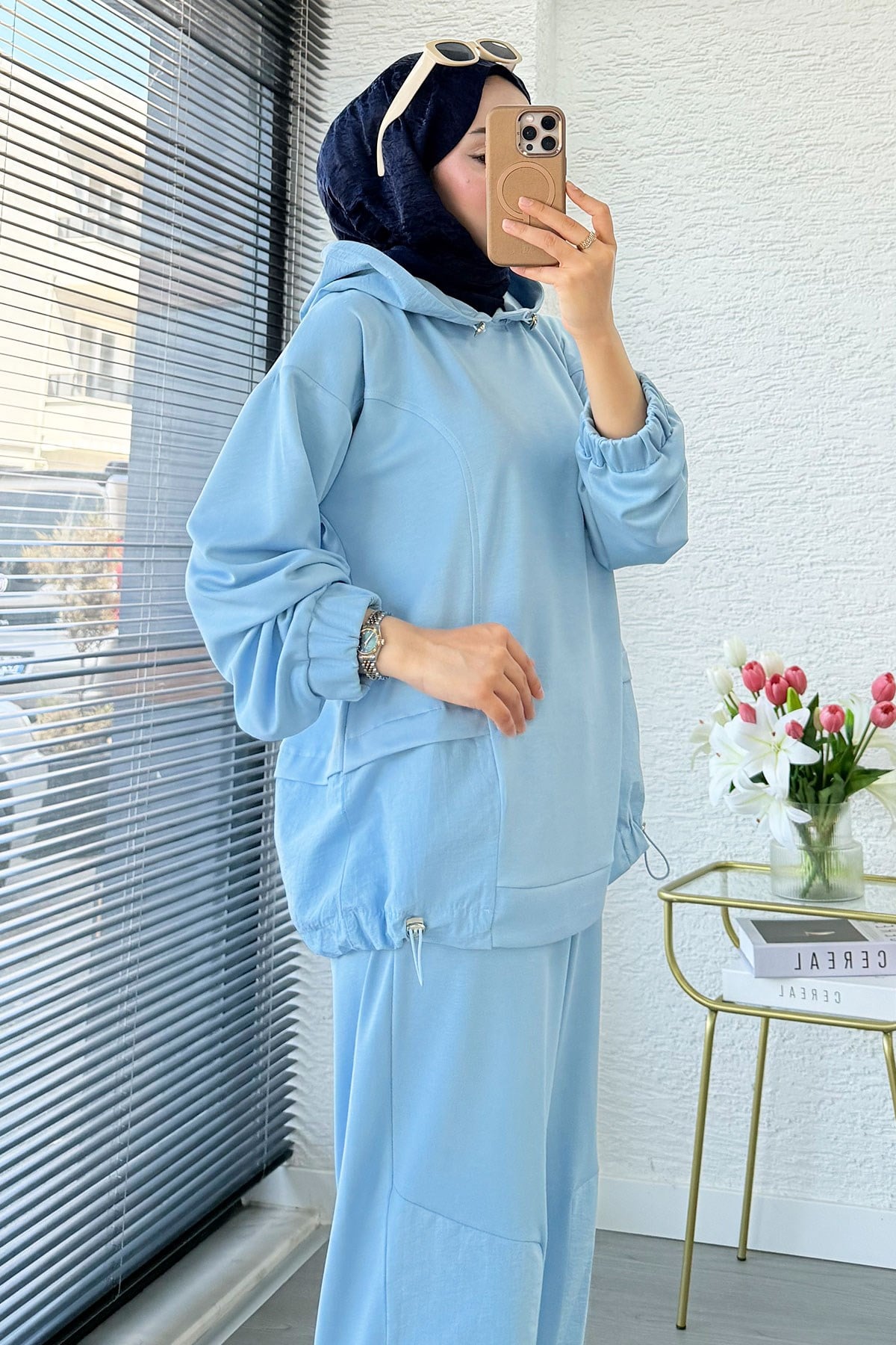 Premium Kapüşonlu Paça Pile Detay Double Face Kadın Takım - Mavi
