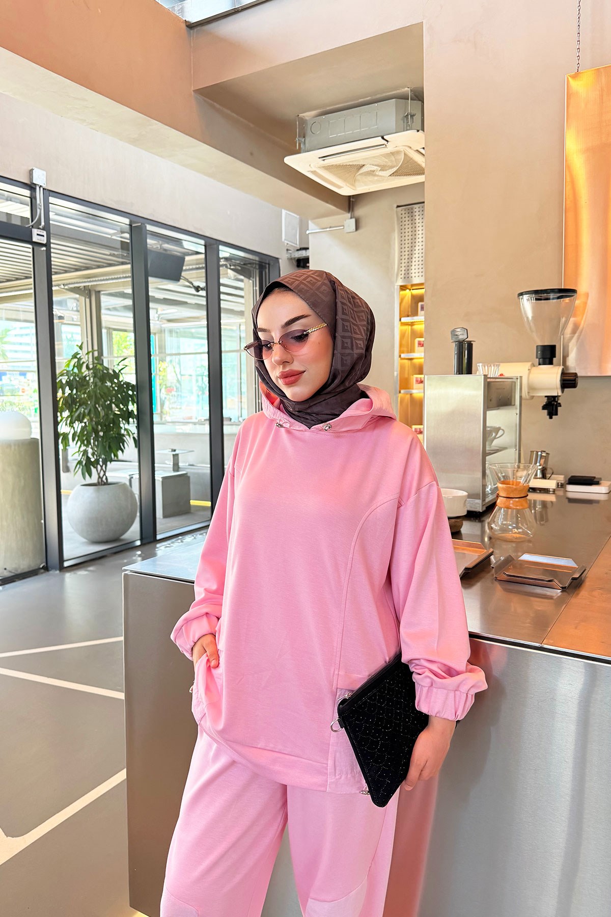 Premium Kapüşonlu Paça Pile Detay Double Face Kadın Takım - Pembe