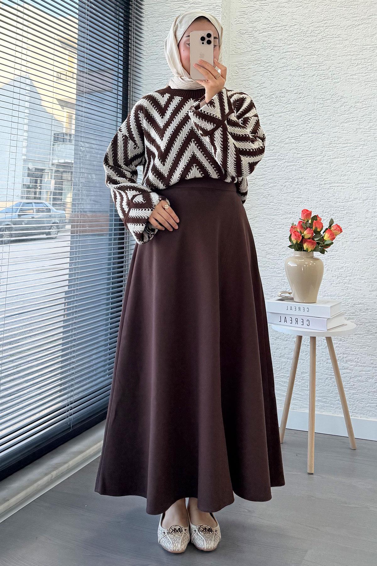 Premium Kaşe Kloş Form Etek - Acı Kahve