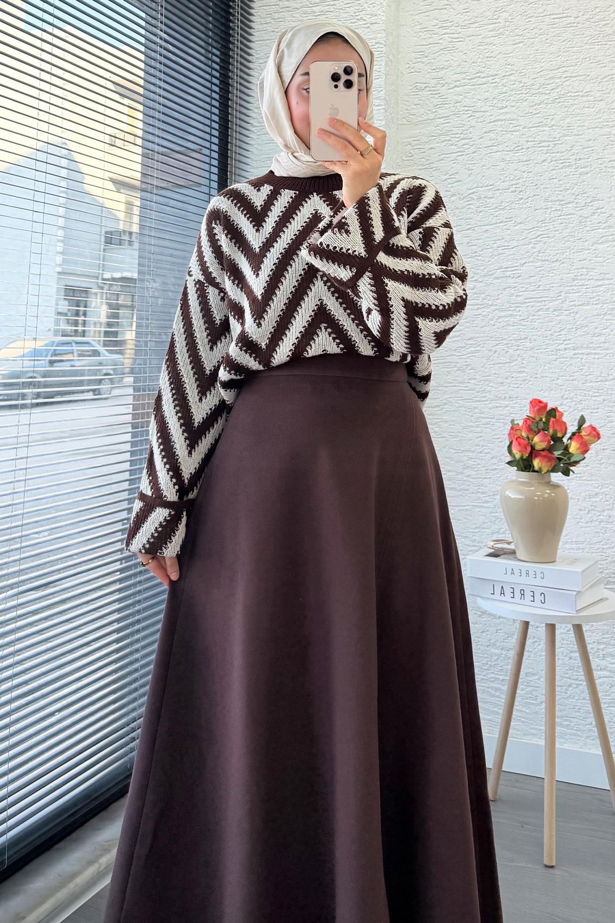 Premium Kaşe Kloş Form Etek - Acı Kahve