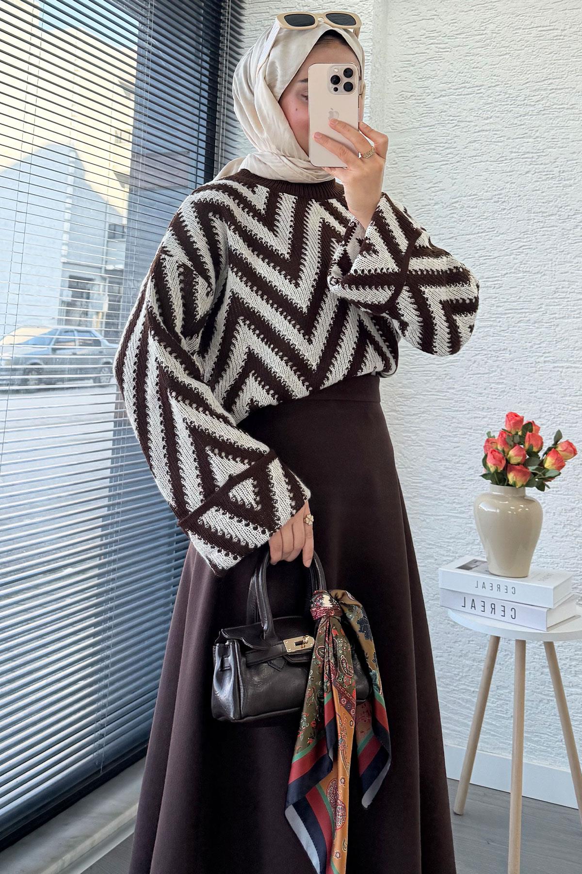 Premium Kaşe Kloş Form Etek - Acı Kahve