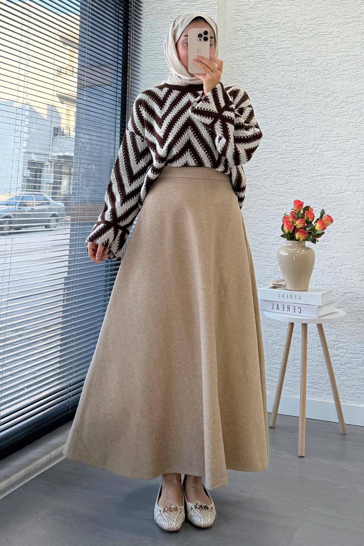 Premium Kaşe Kloş Form Etek - Bej