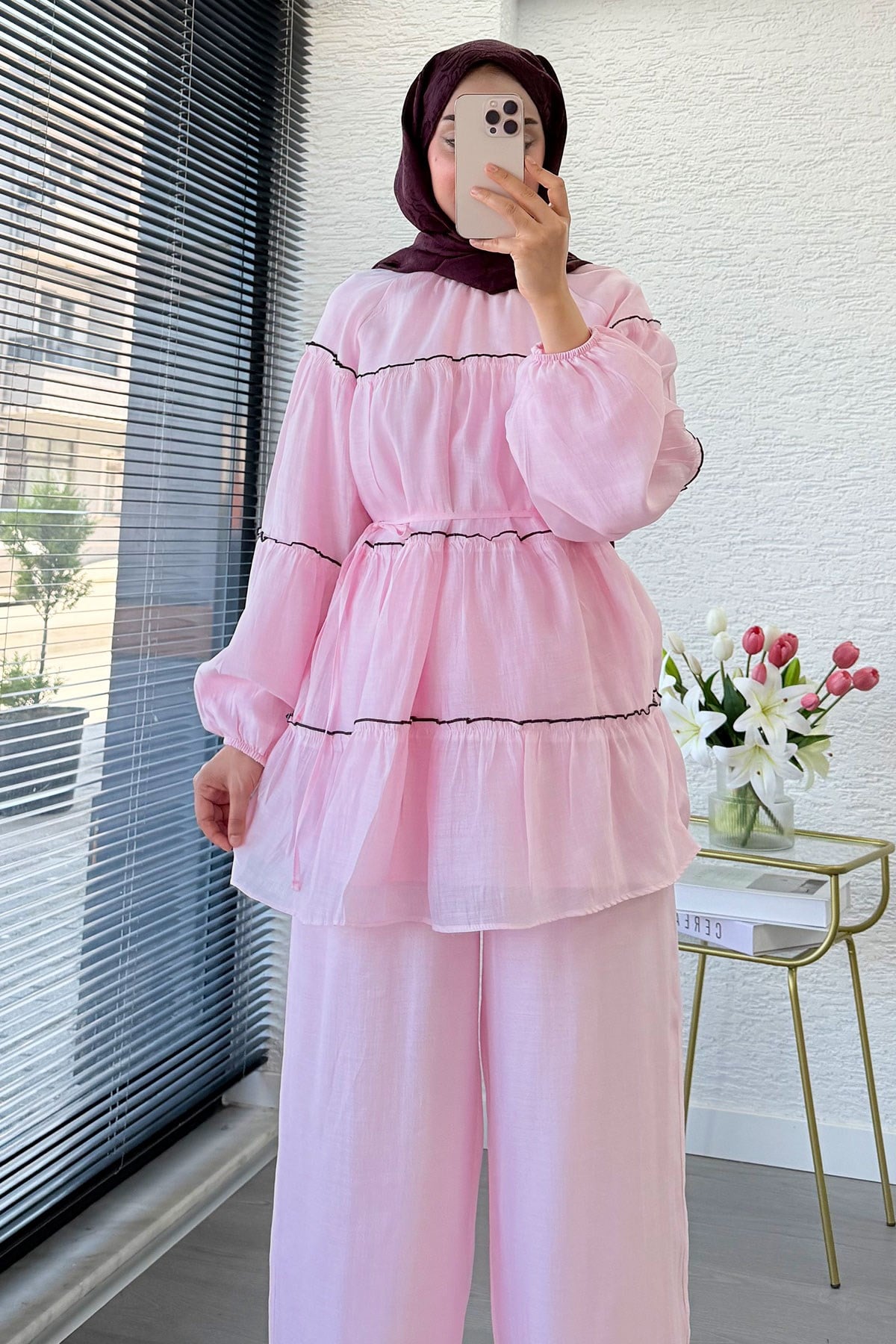 Premium Katlı Büzgü Detaylı Tül Modal Pantolon Takım - Pembe