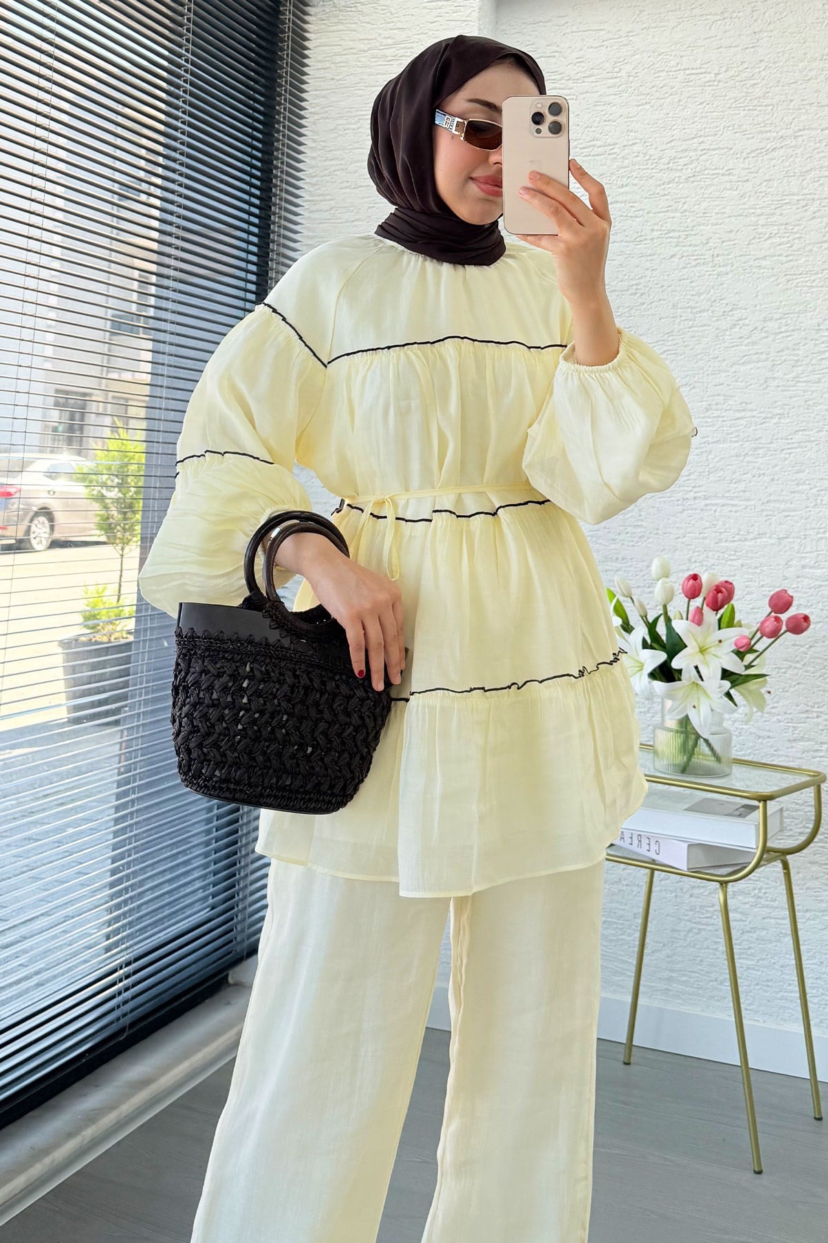 Premium Katlı Büzgü Detaylı Tül Modal Pantolon Takım - Sarı