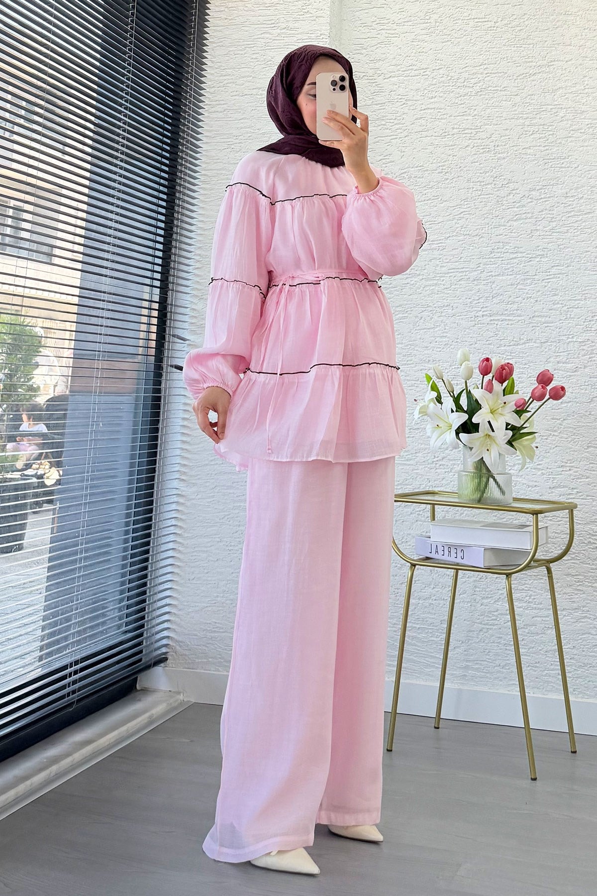 Premium Katlı Büzgü Detaylı Tül Modal Pantolon Takım - Pembe