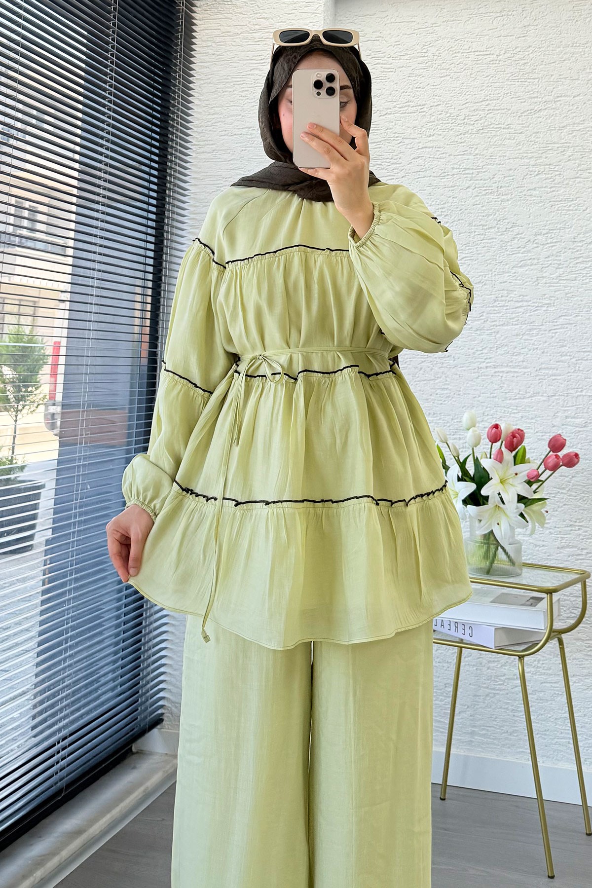 Premium Katlı Büzgü Detaylı Tül Modal Pantolon Takım - Çağla Yeşili