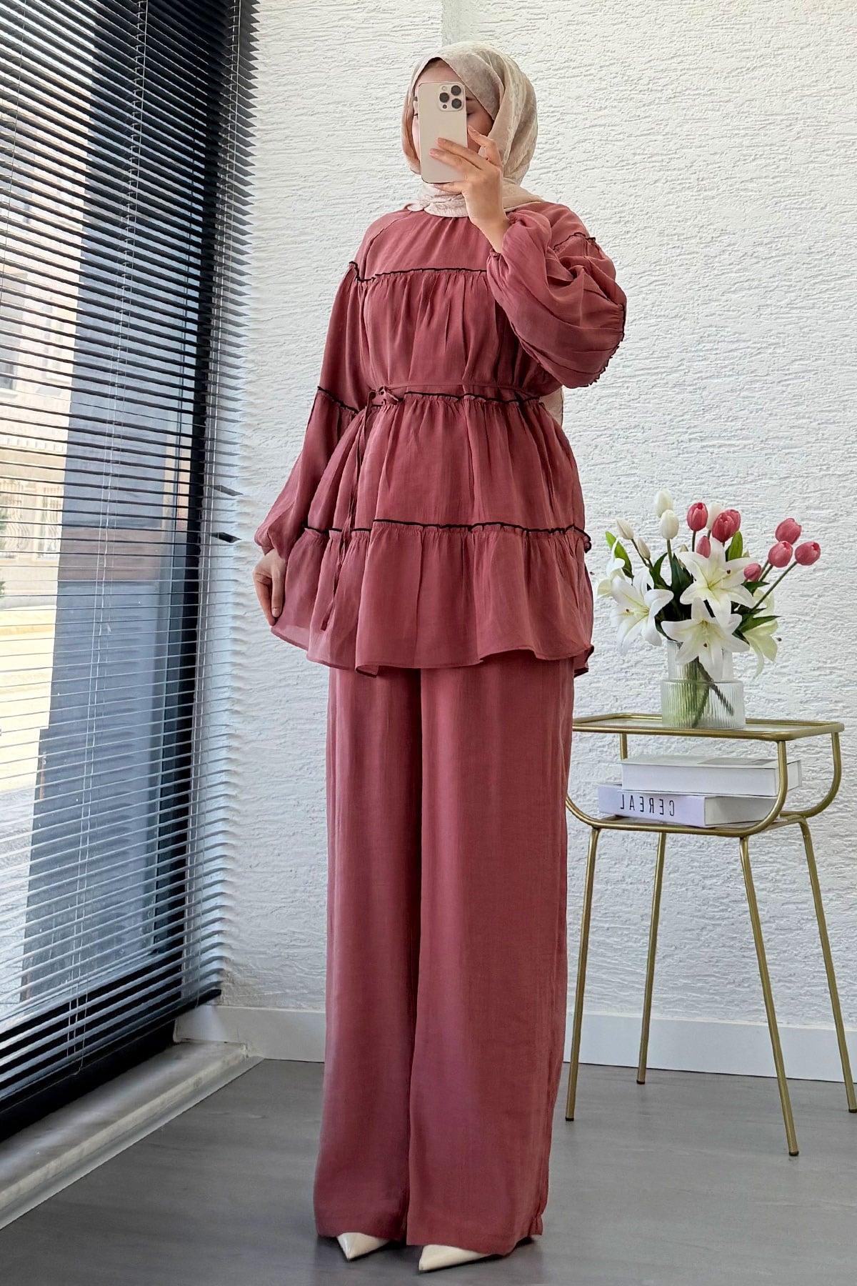 Premium Katlı Büzgü Detaylı Tül Modal Pantolon Takım - Gül Kurusu